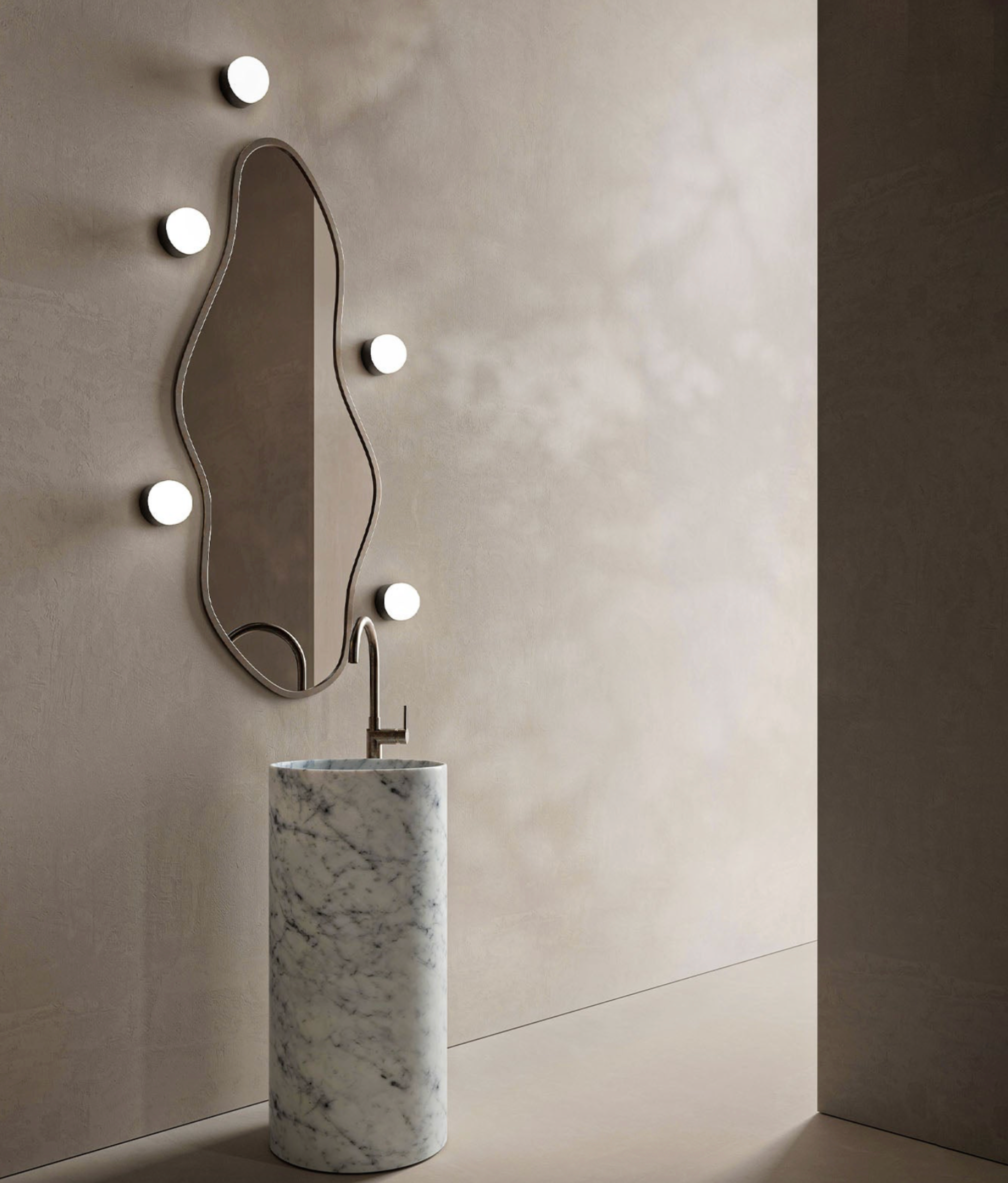 Layered bathroom lighting featuring a sculptural pendant and soft wall lights in a contemporary bathroom