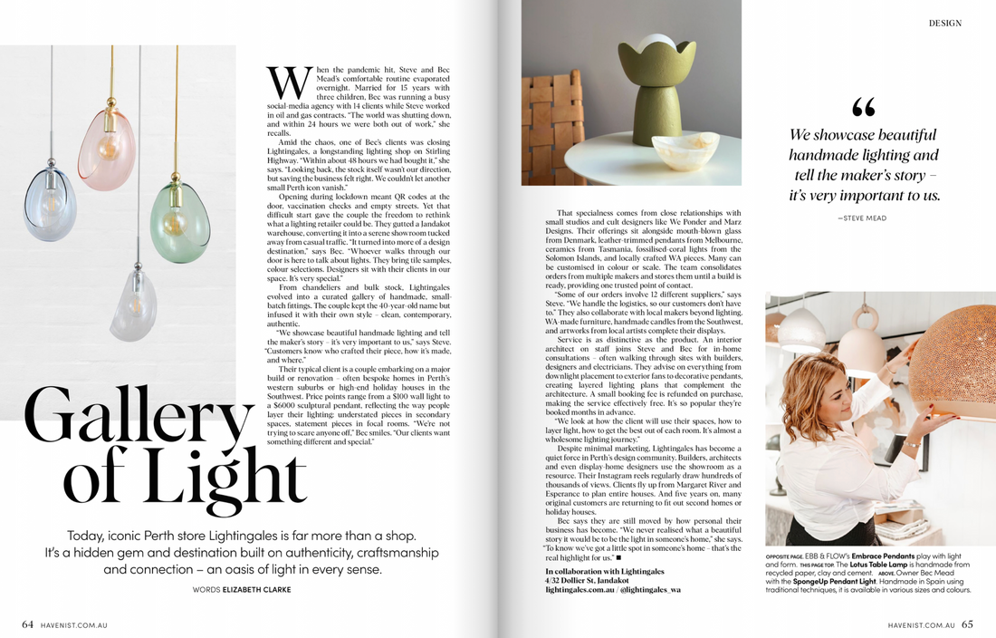 Lightingales double-page advertorial featured in The Havenist Western Australian design magazine