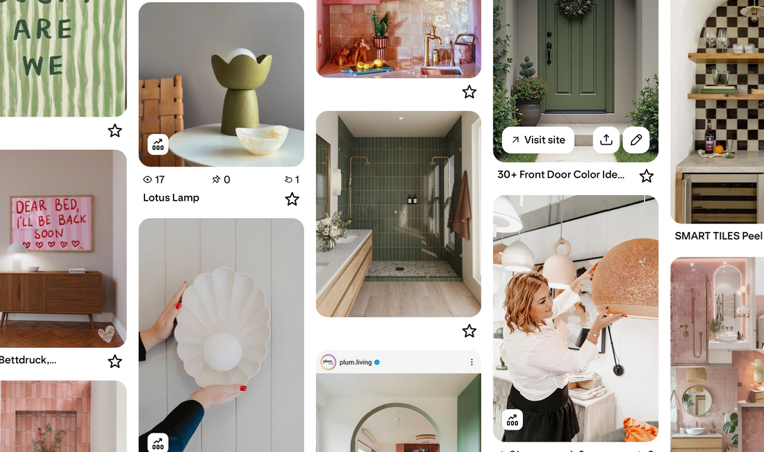 Curated Pinterest mood board showing layered pendant and wall lighting in a beautifully designed home