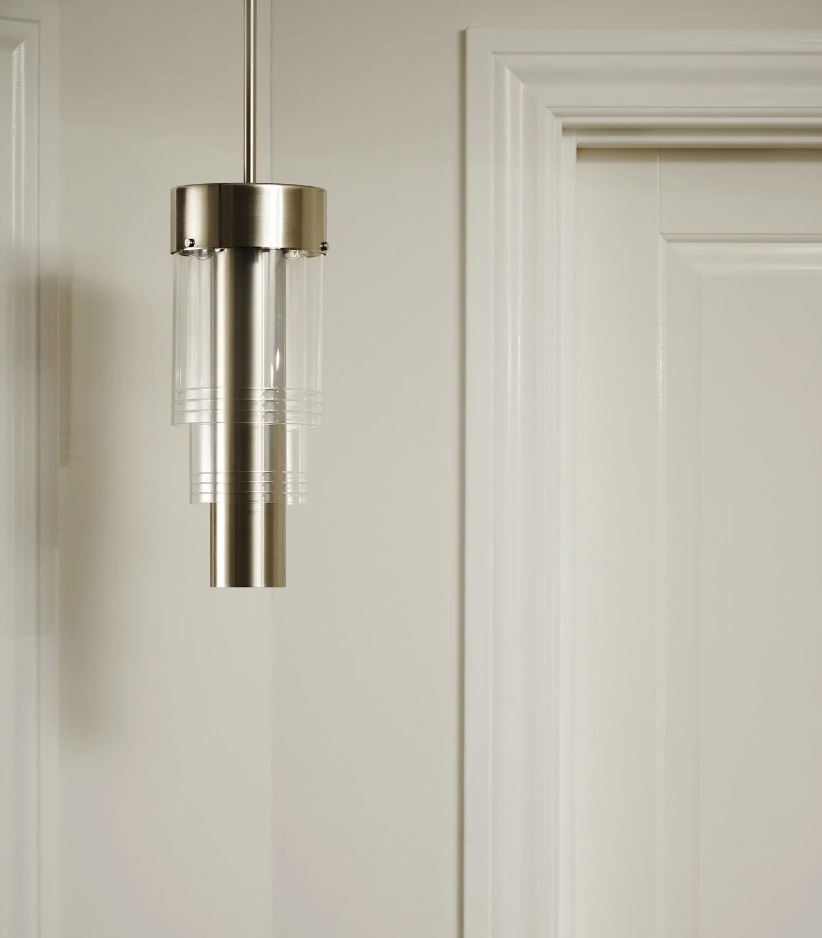 Clear glass and silver hallway pendant light by Ebb & Flow sold at Lightingales.