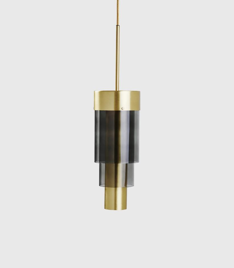 Smokey glass and brass pendant light by Ebb & Flow sold at Lightingales