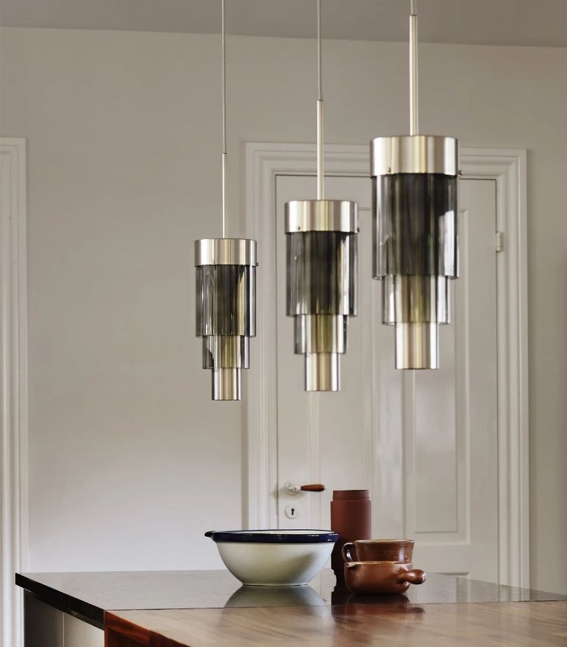 Glass and silver dining room pendant lights sold at Lightingales Australia.