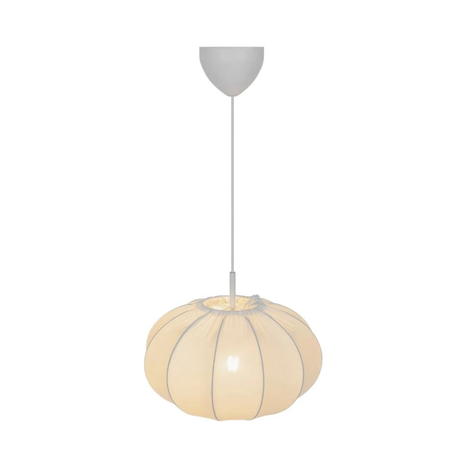 Pendant light with beige shade and gray top on white background