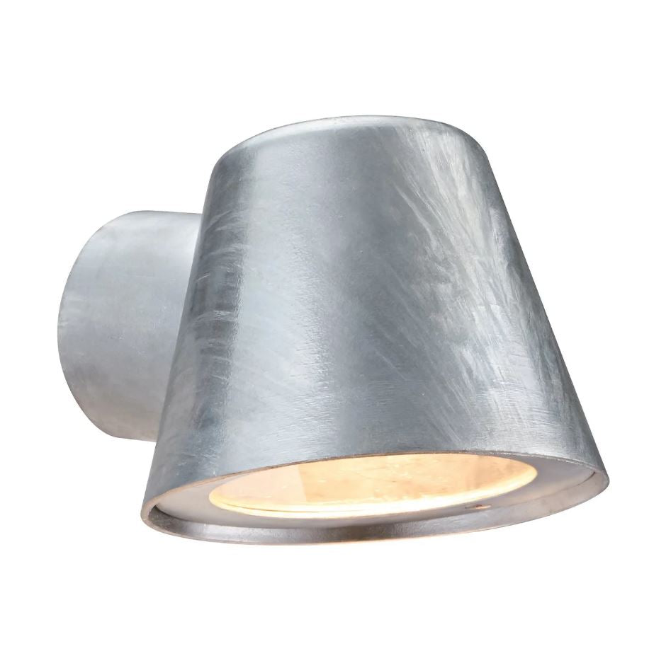 Galvanised outdoor wall sconce on a white background