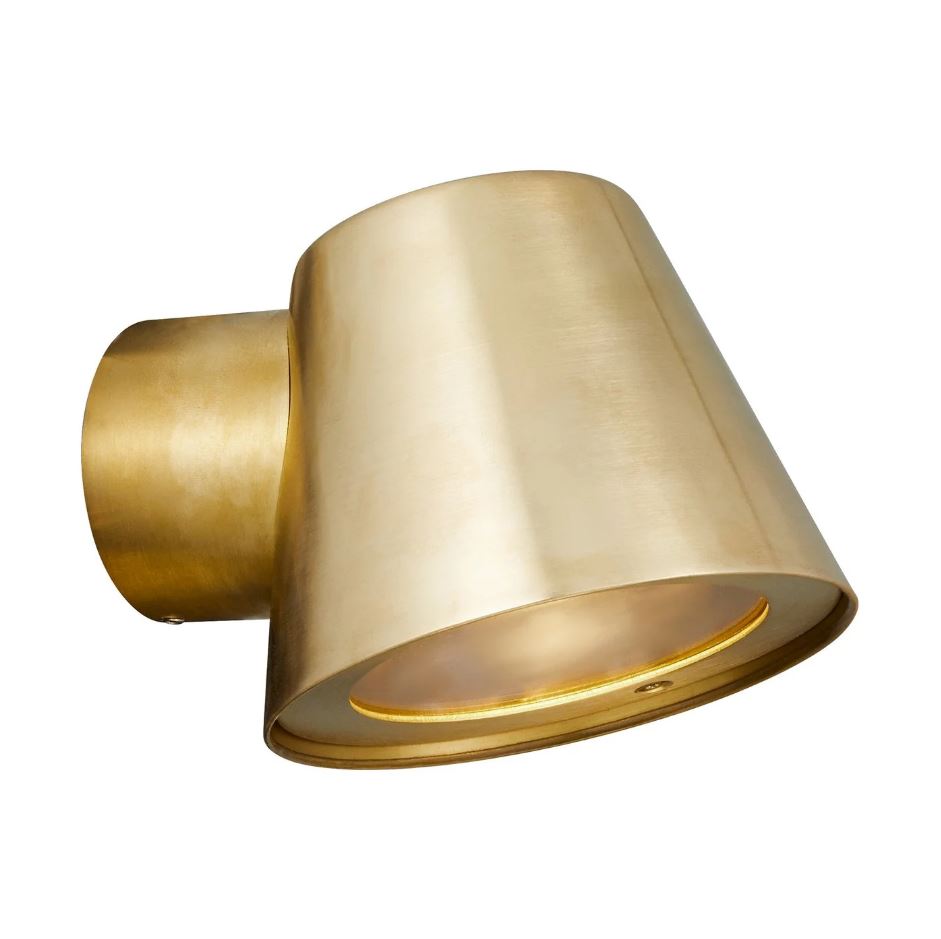 Brass outdoor wall sconce on a white background