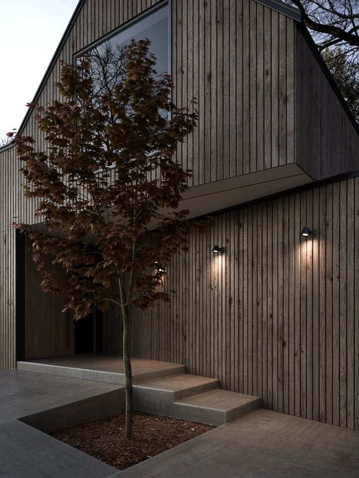 Modern house with wooden facade, black outdoor wall lights and a tree in the foreground.