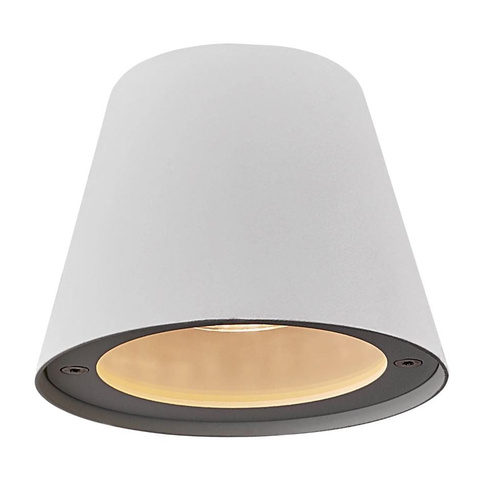 A white outdoor wall-mounted light with a directional beam, installed on a grey textured wall.