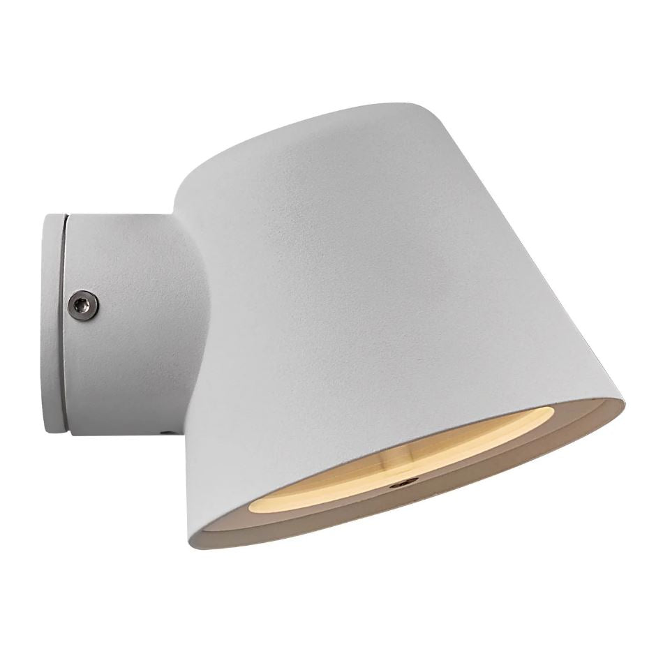 White outdoor wall-mounted light fixture on a white background