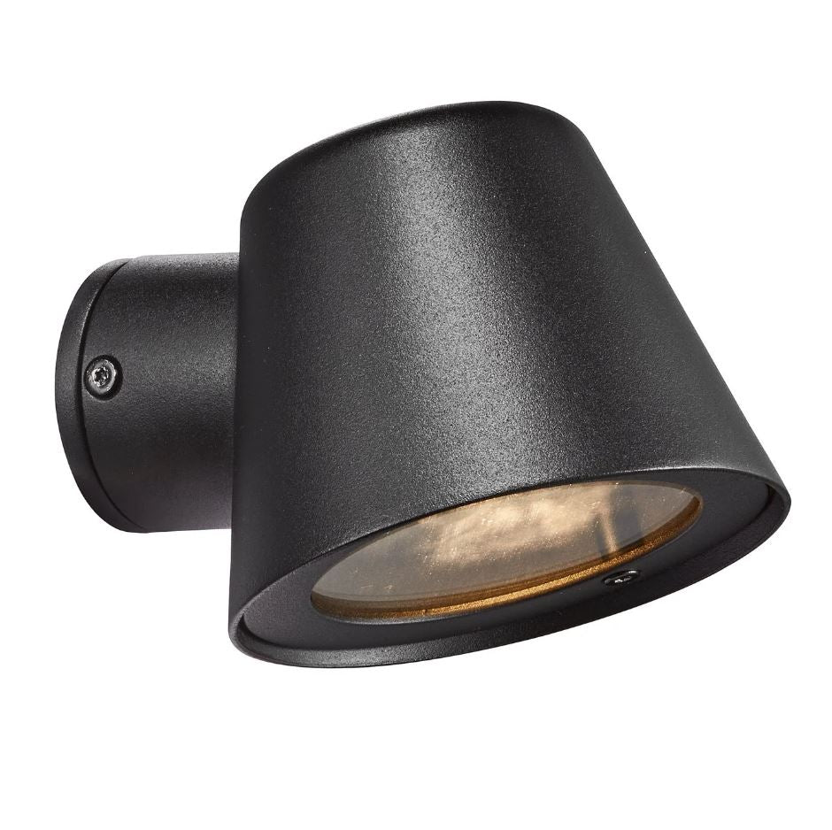 Black outdoor wall light fixture on a white background