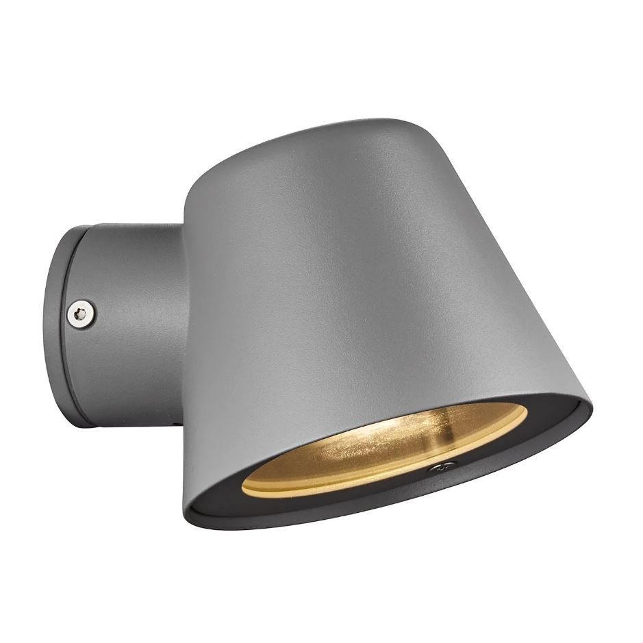 Grey wall light fixture with black interior on white background