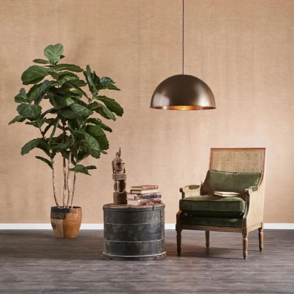 Cozy room with a potted plant, vintage chair, and table under a pendant light.