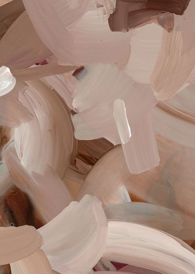 This image features a close-up view of a painting titled "Nude" by Alisha Falconer, an Australian abstract artist known for her large-scale works. The artwork captures the delicate interplay of warm, earthy tones and subtle pastel shades, with bold, expressive brushstrokes that lend a sense of movement and texture.
