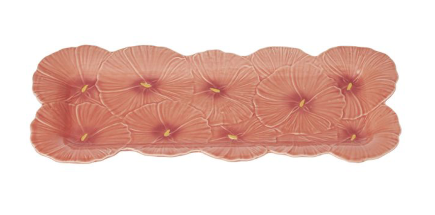 Decorative pink floral-patterned tray on a white background