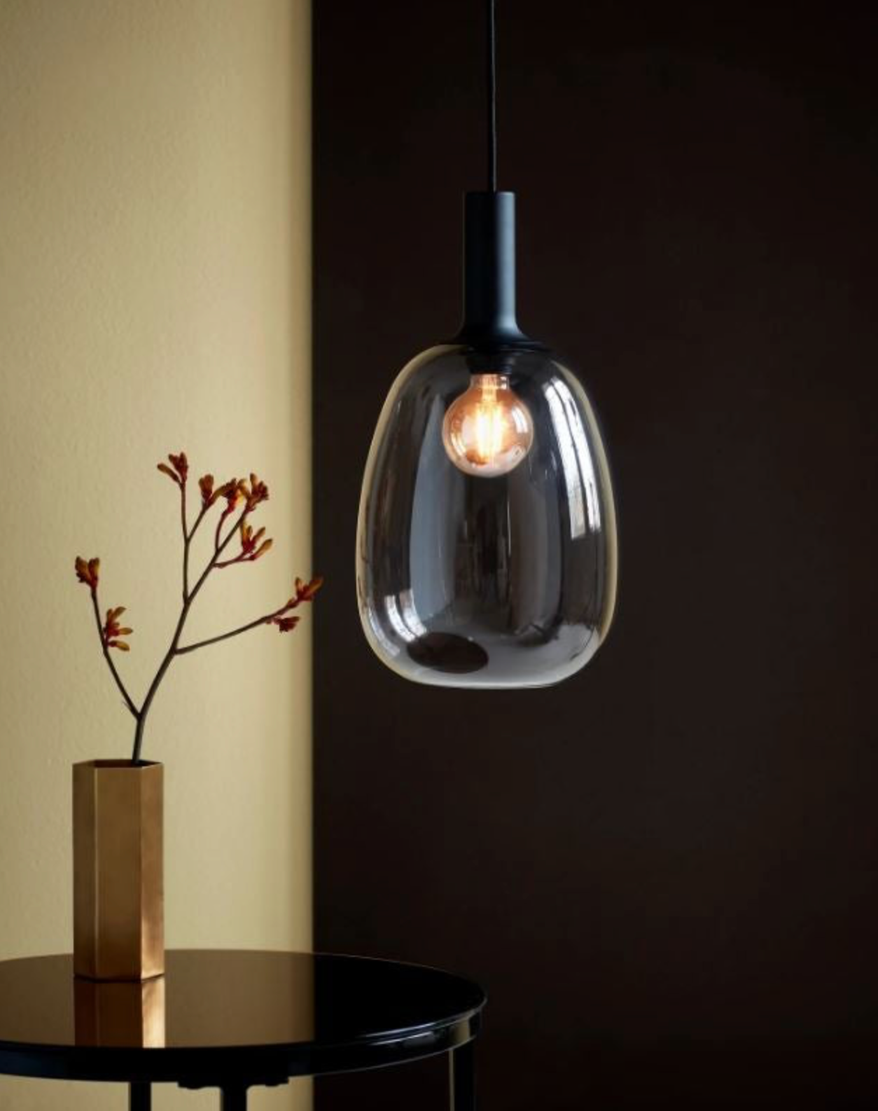 Modern pendant light with a dark glass shade and exposed bulb, set against a dark wall.