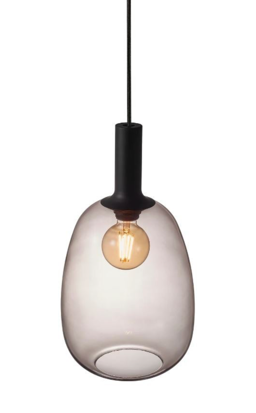 Modern pendant light with a glass shade and black fixture on a white background