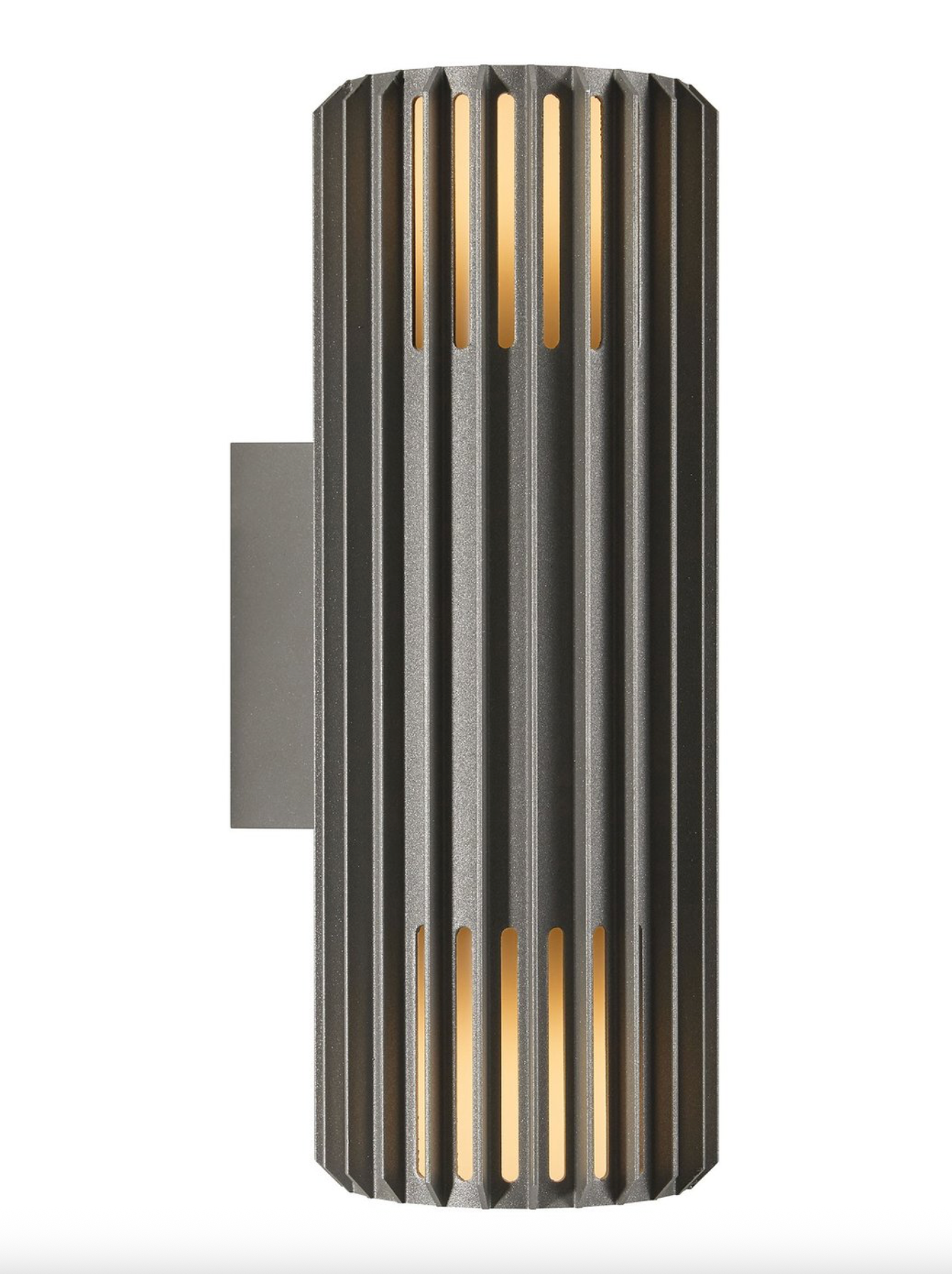 Decorative outdoor wall light fixture with ribbed design on a white background