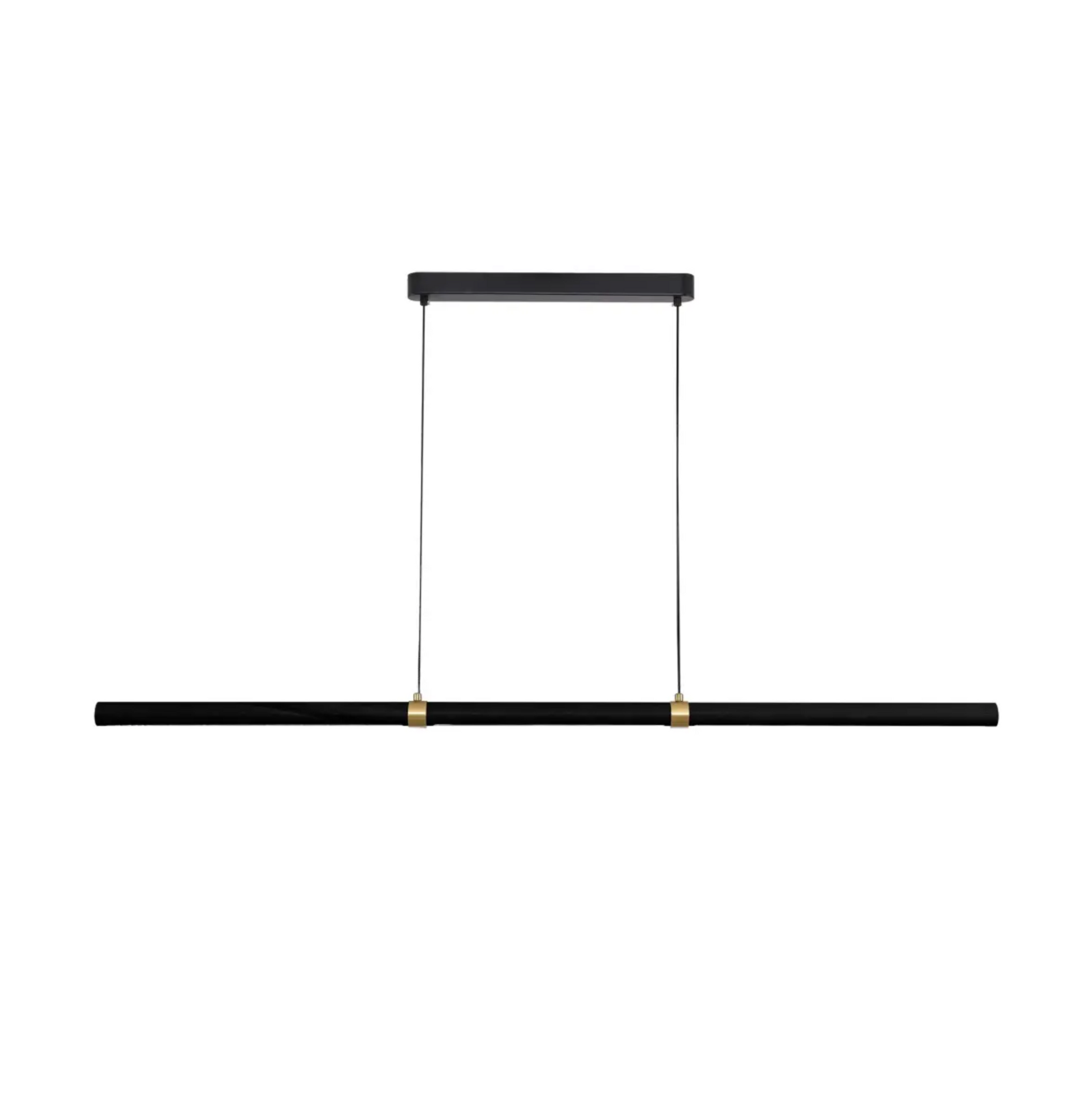 Aquila Linear LED Pendant Light side view on white background – Black Ash with Black finish with brass collar accents