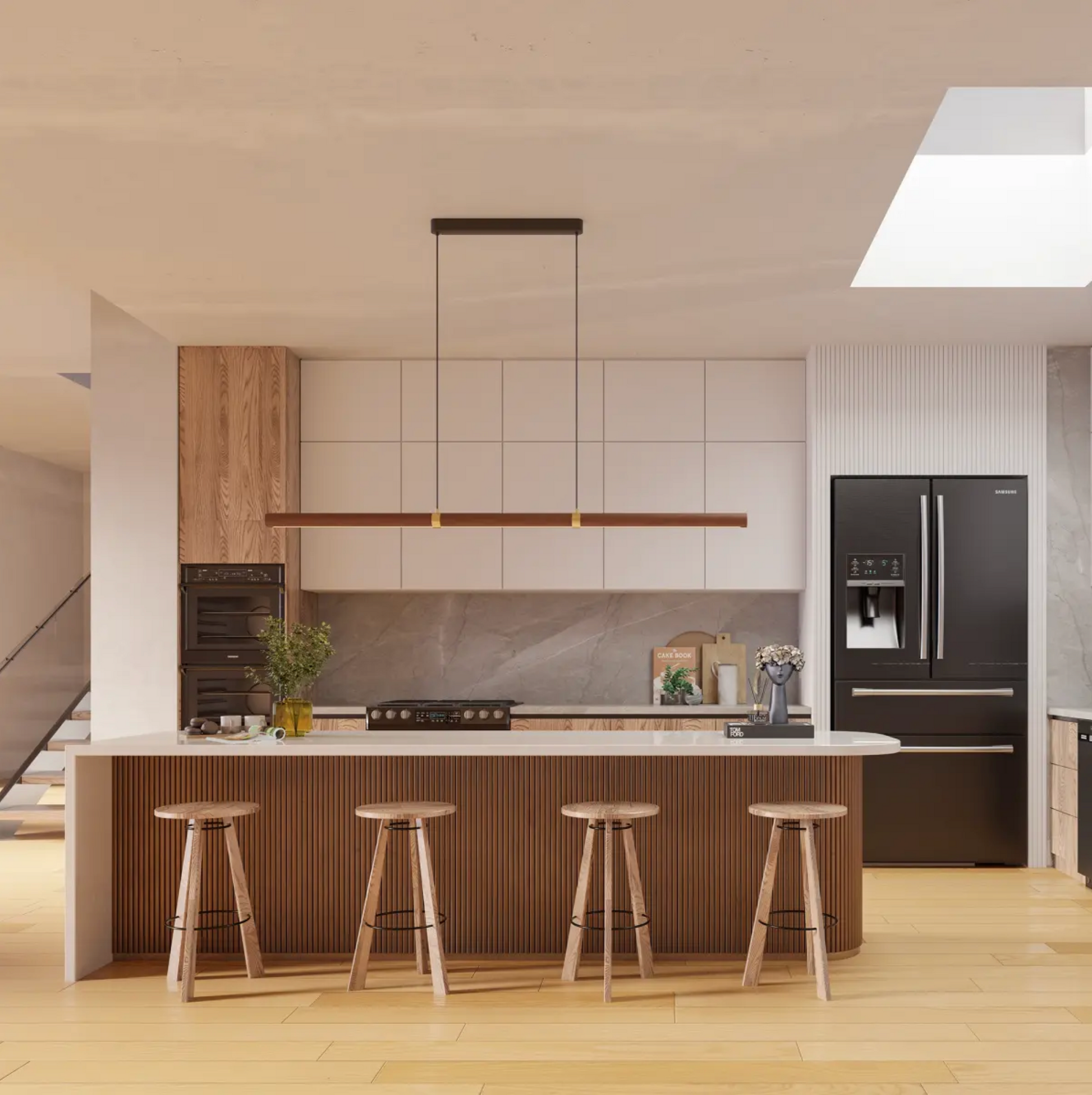 Aquila Timber Linear LED Pendant Light over kitchen island with bar stools – Black Ash with Black finish