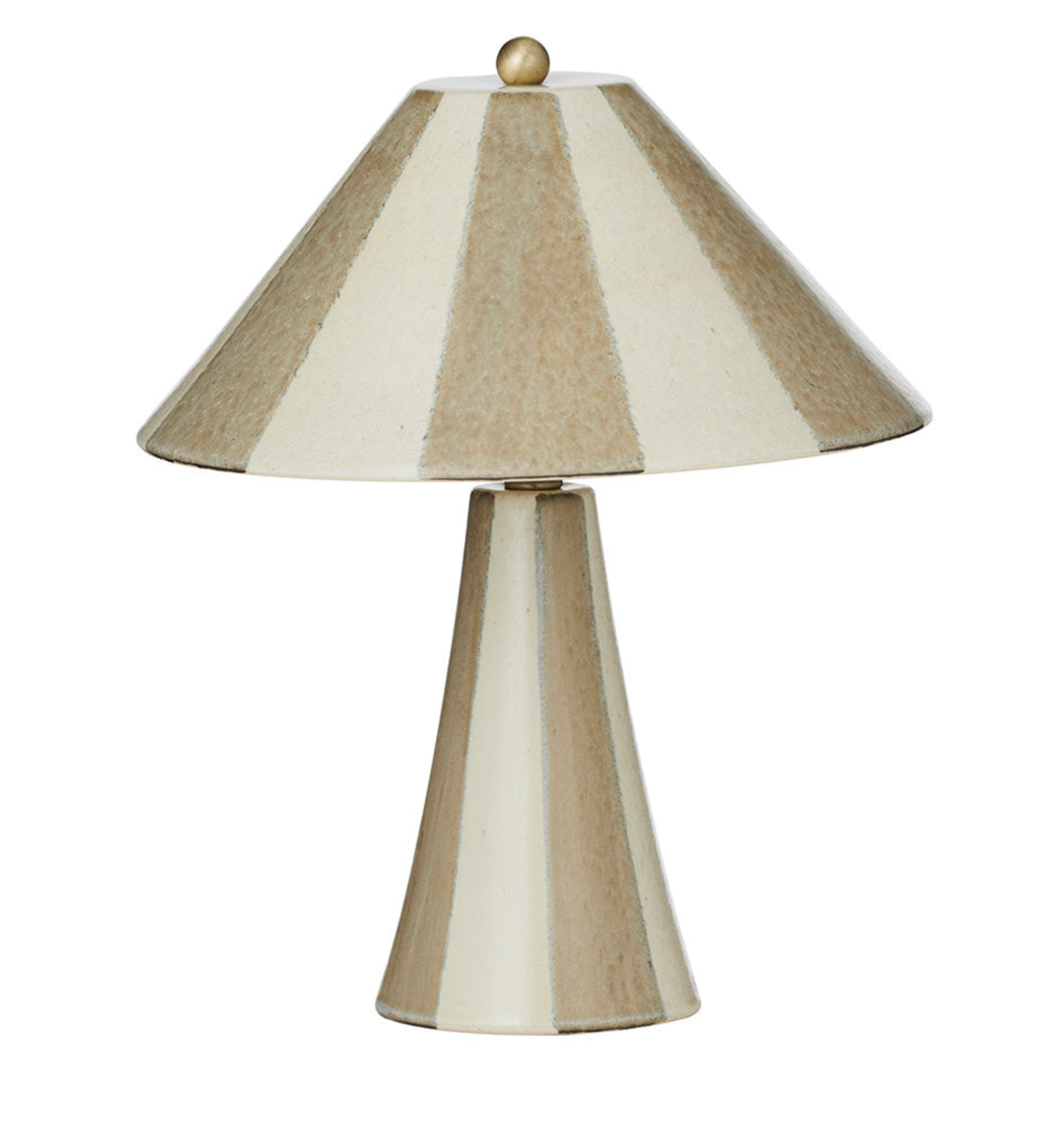 Table lamp with striped beige and white shade on a white background