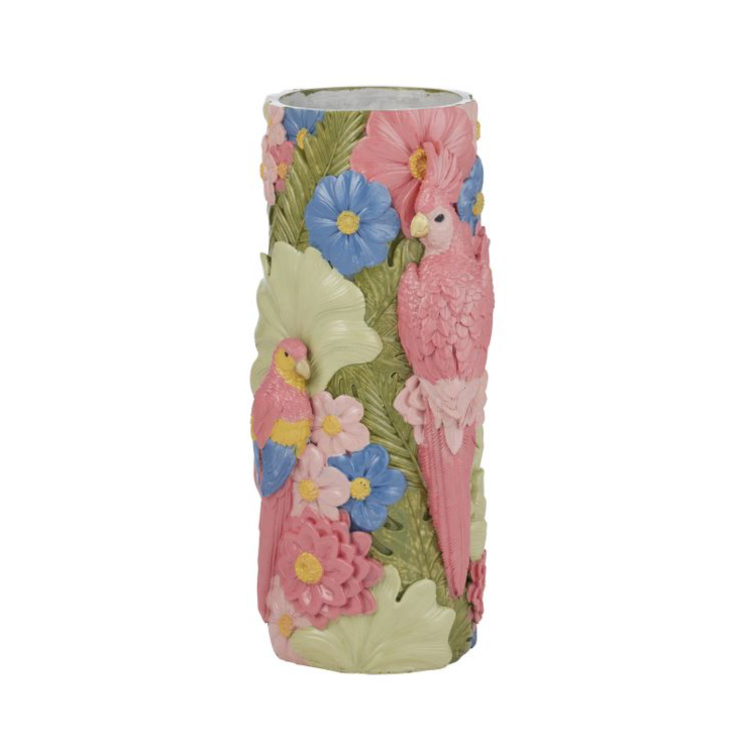 Decorative vase with pink parrots and flowers on a white background