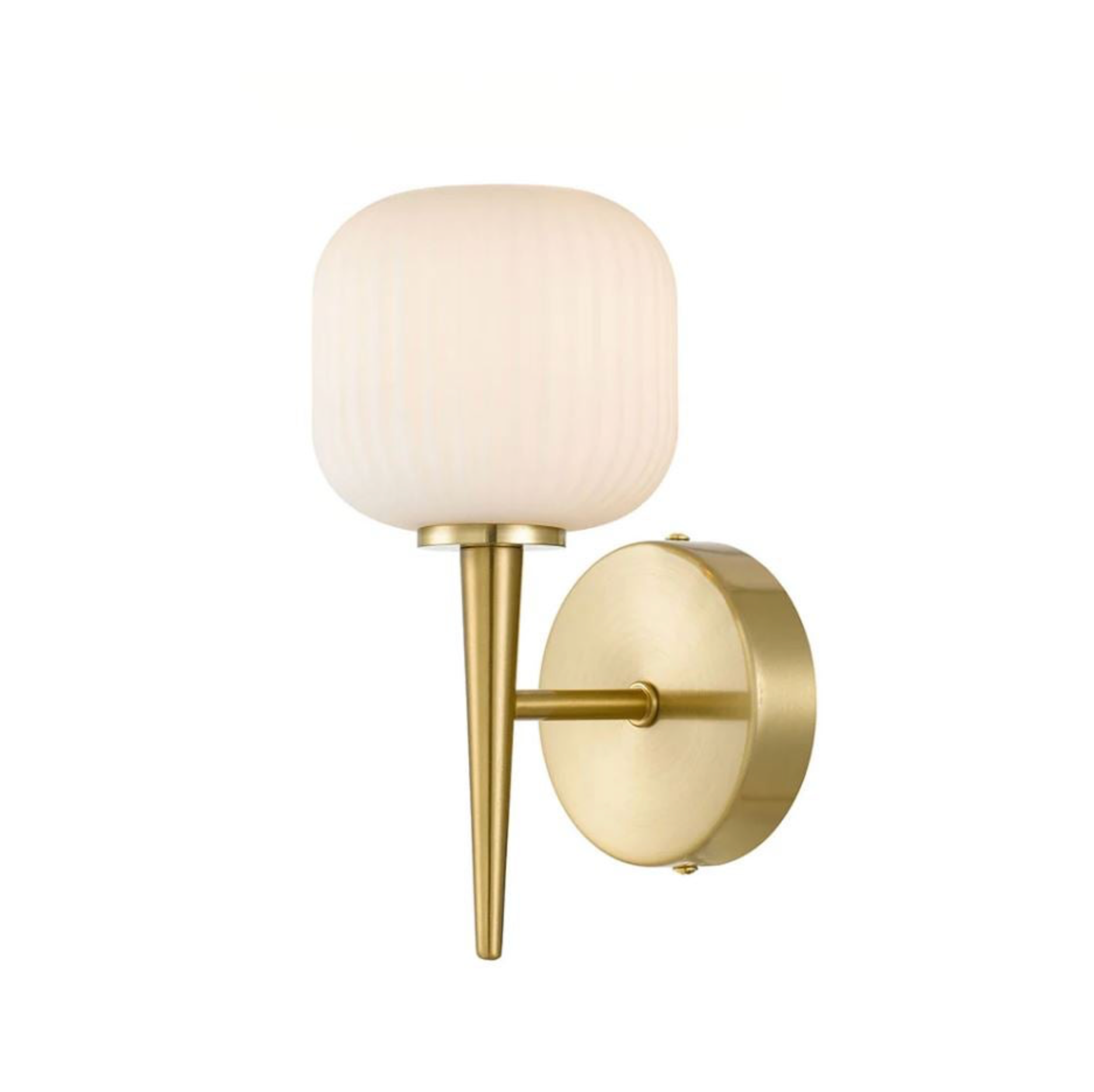Wall-mounted light fixture with white glass shade and gold metal finish on a white background