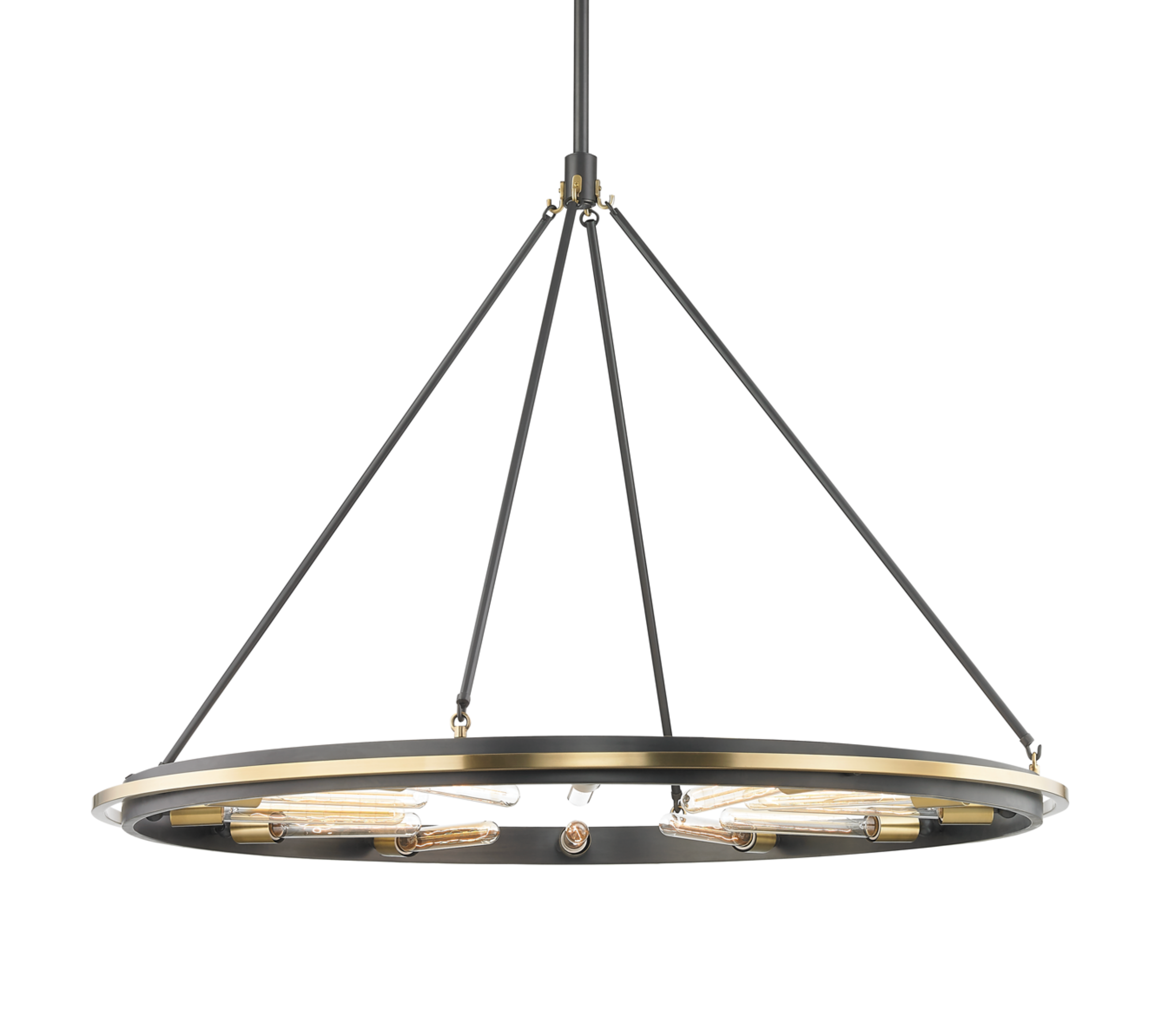 Modern pendant light with black metal frame on a white background