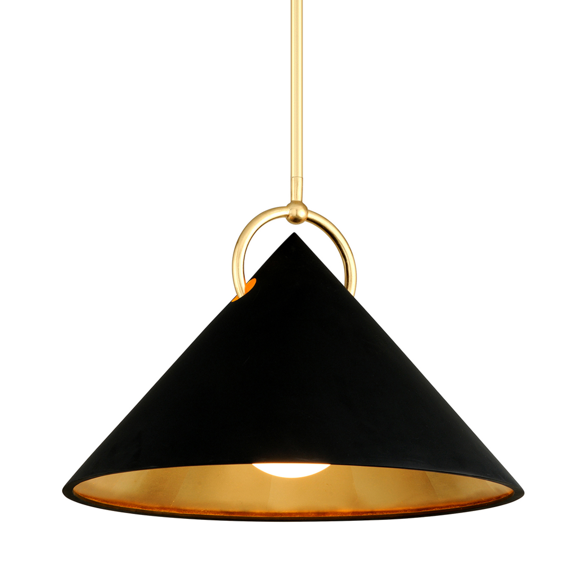 Black cone-shaped pendant light with gold interior and fixture on a white background
