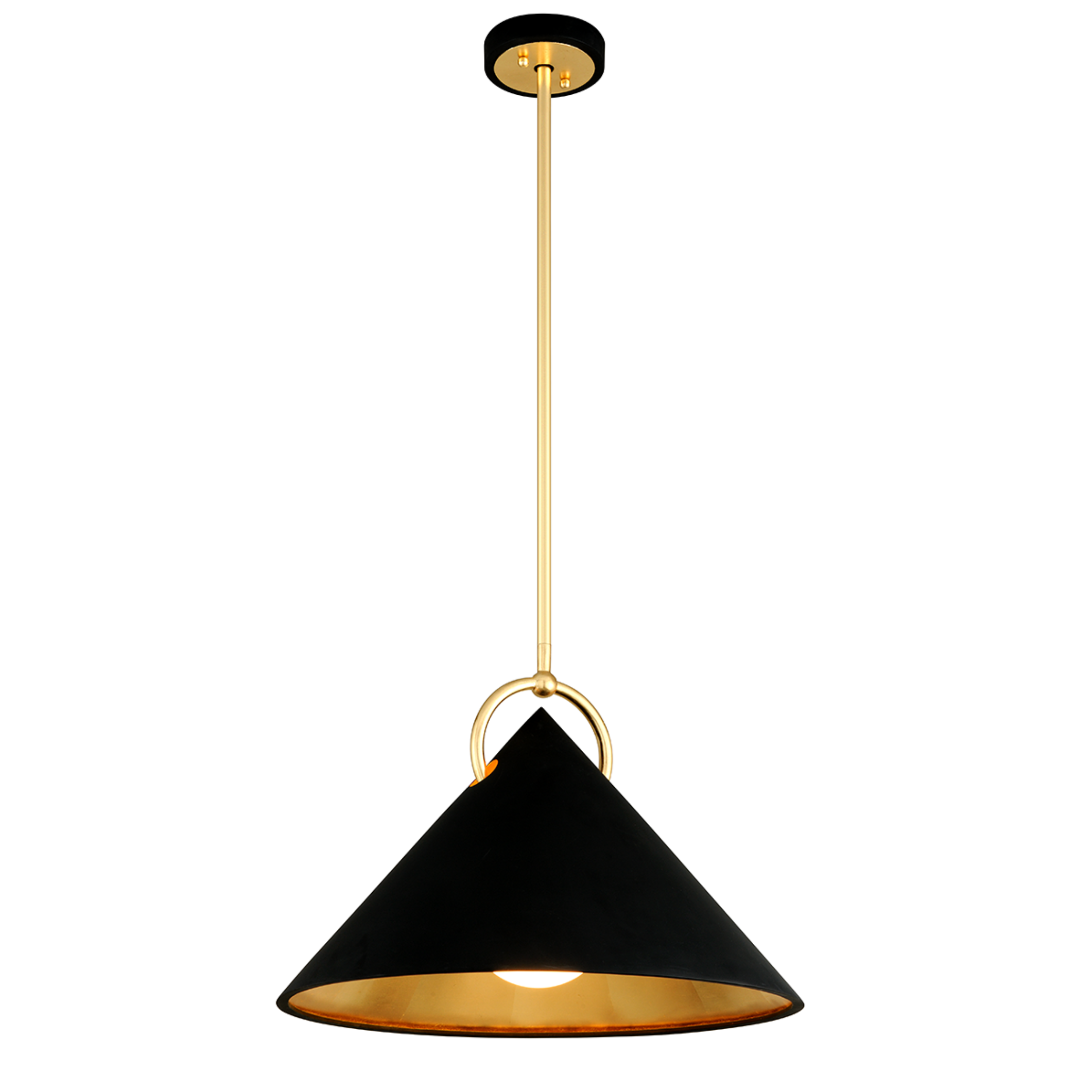 Black pendant light with gold interior on a white background