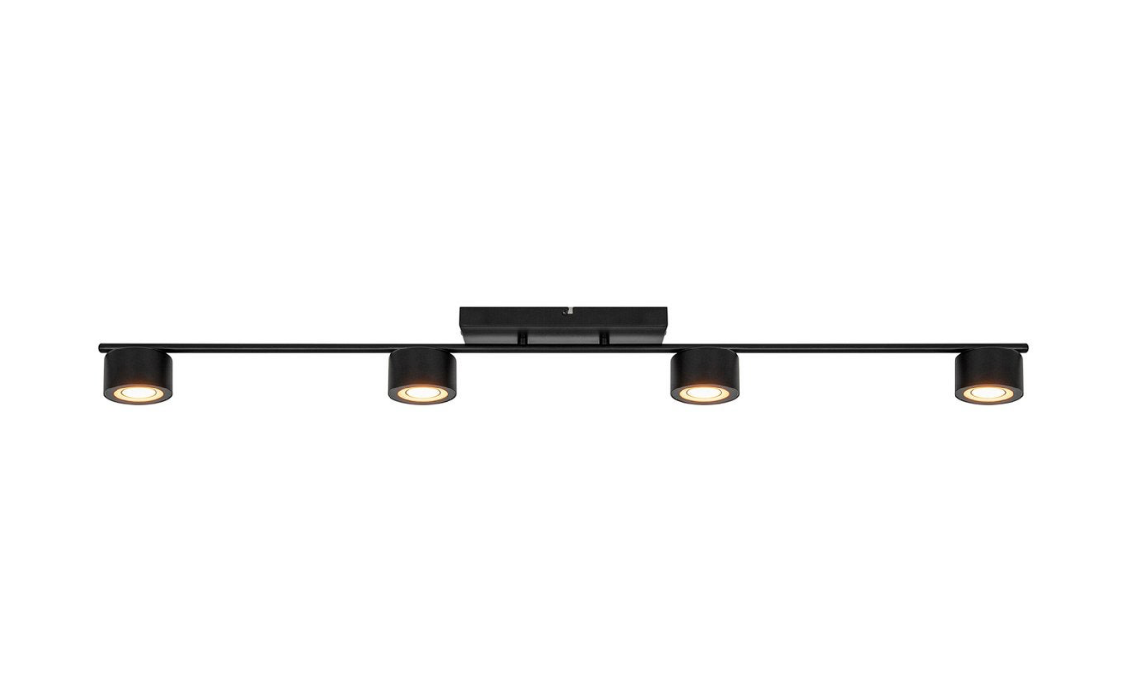 Black track light fixture with four lights on a white background