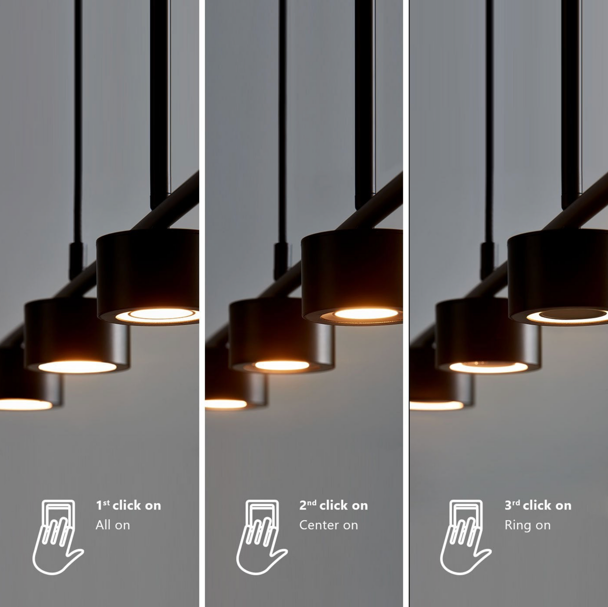 Three views of a modern pendant light fixture with control icons on a gray background.
