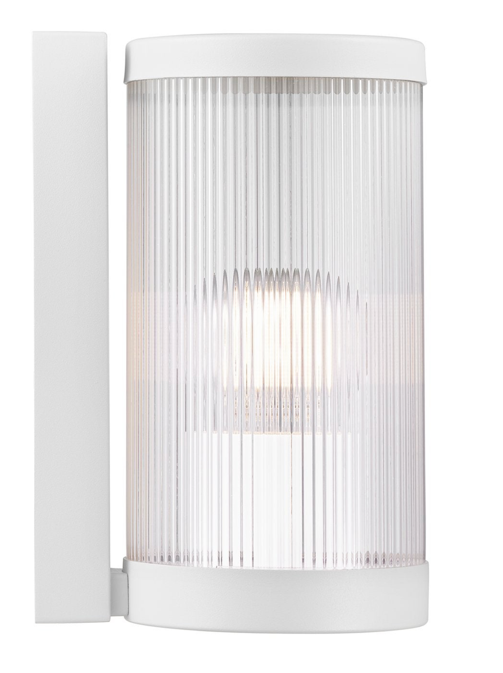White outdoor wall light fixture with clear glass cover on a white background