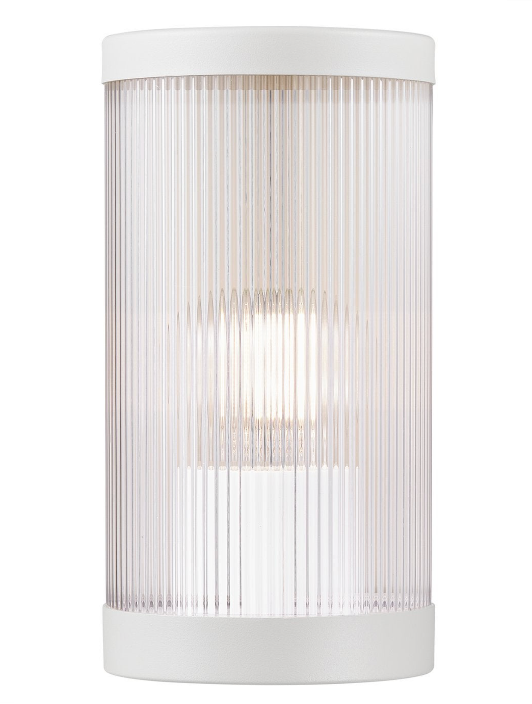 Cylindrical wall light fixture with white ribbed design on a white background