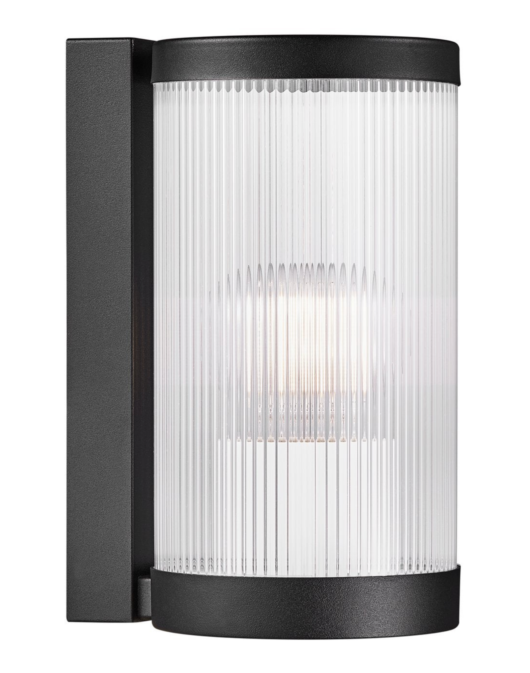 Black outdoor wall light fixture with white glass on a white background
