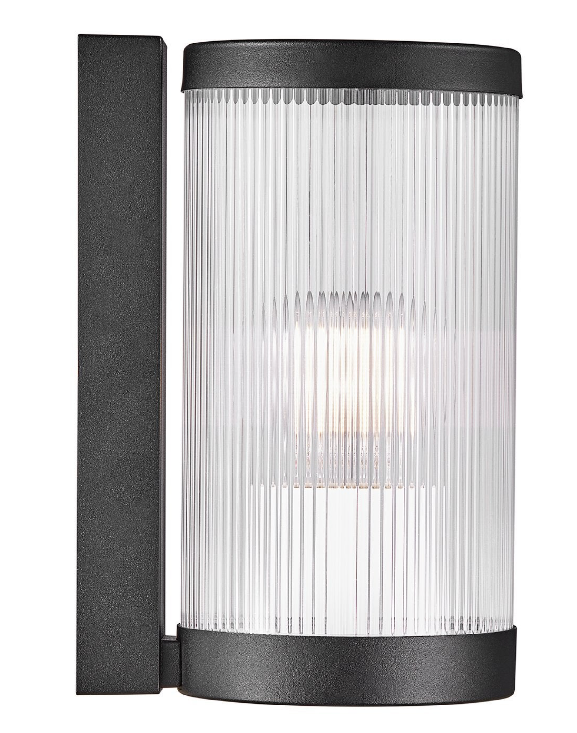 Wall-mounted outdoor light fixture with black casing and clear glass cover on a white background