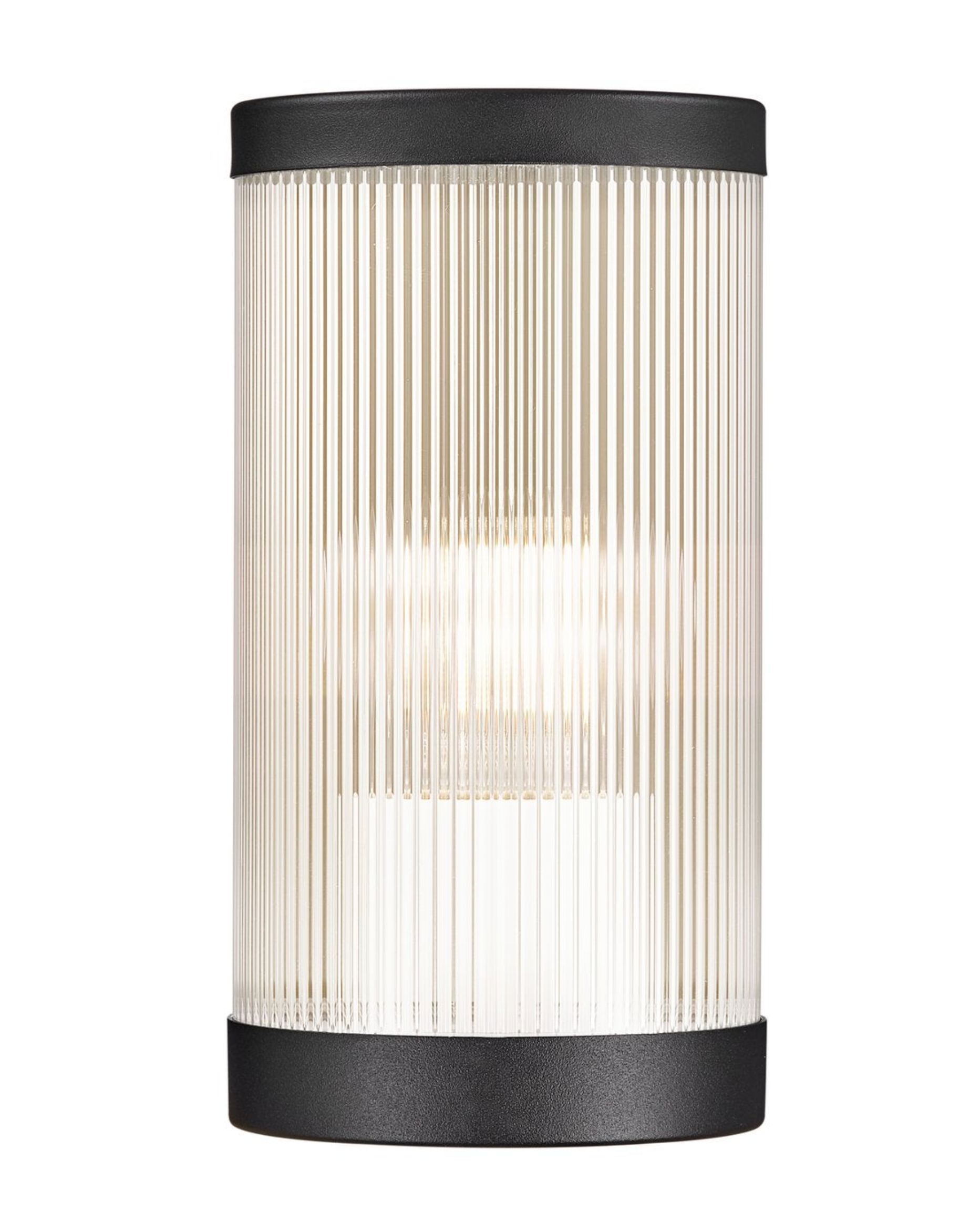Cylindrical wall light fixture with black top and bottom and white ribbed middle section on a white background
