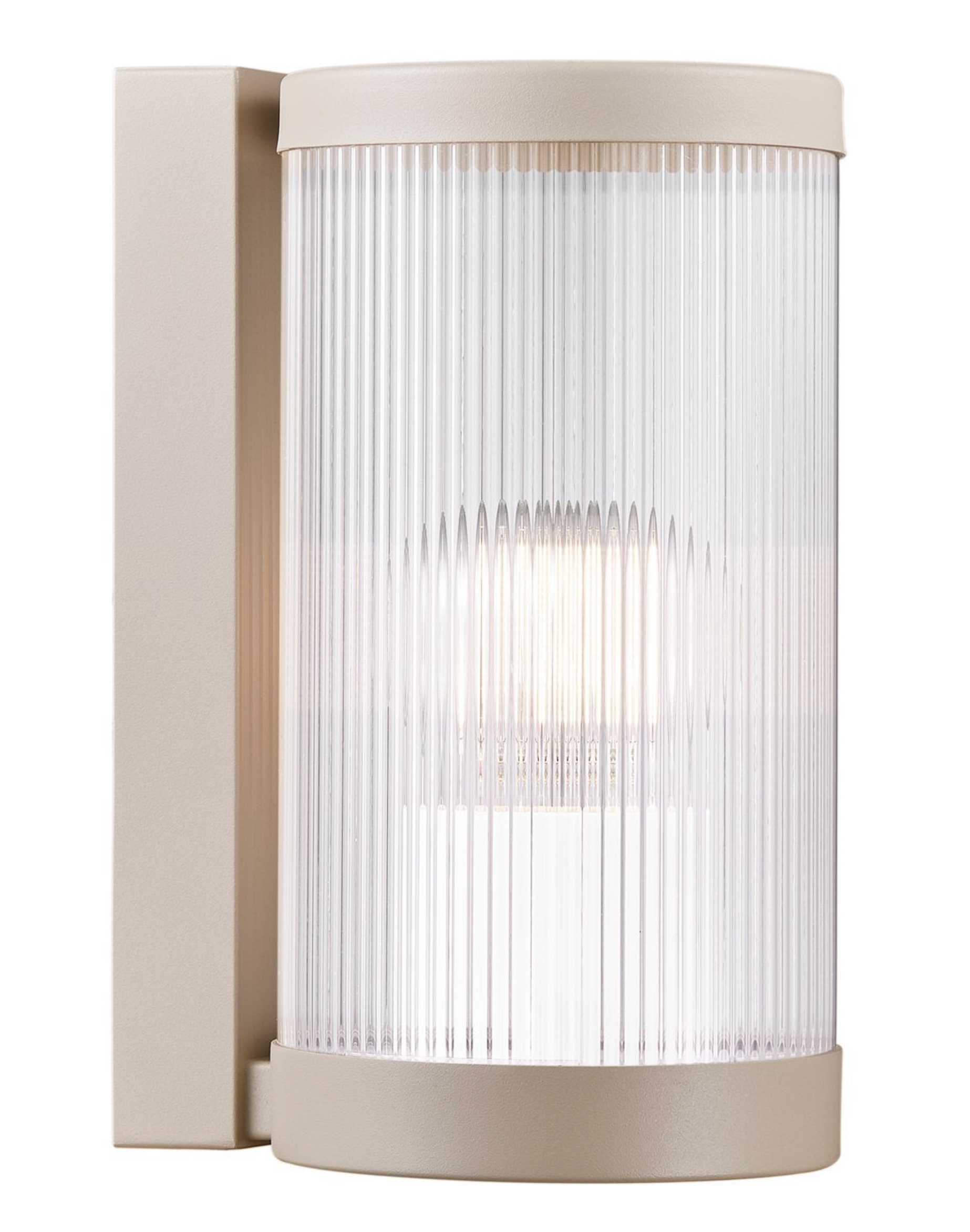 Beige outdoor wall light fixture with clear glass cover on a white background