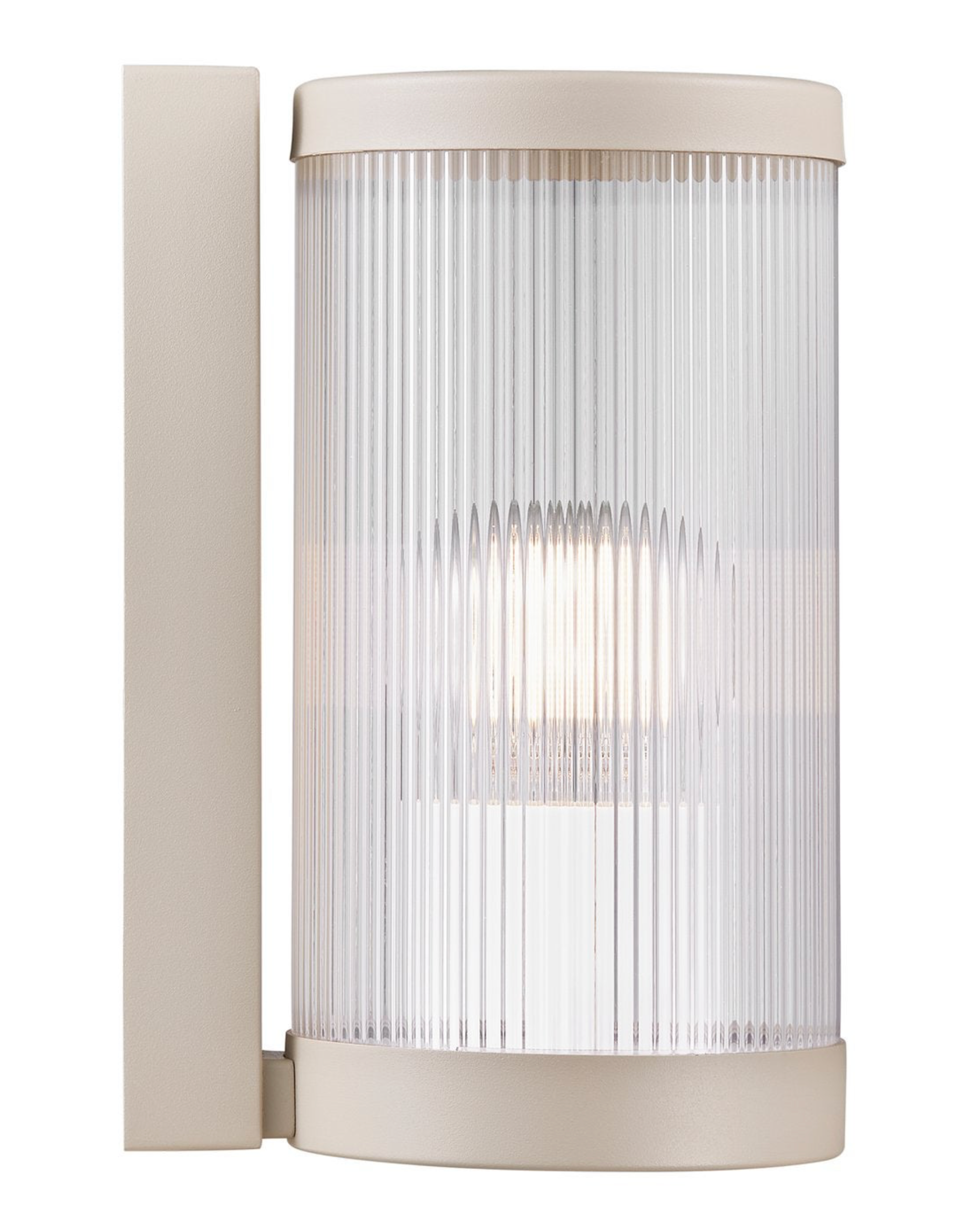 Beige outdoor wall light fixture with clear glass cover on a white background