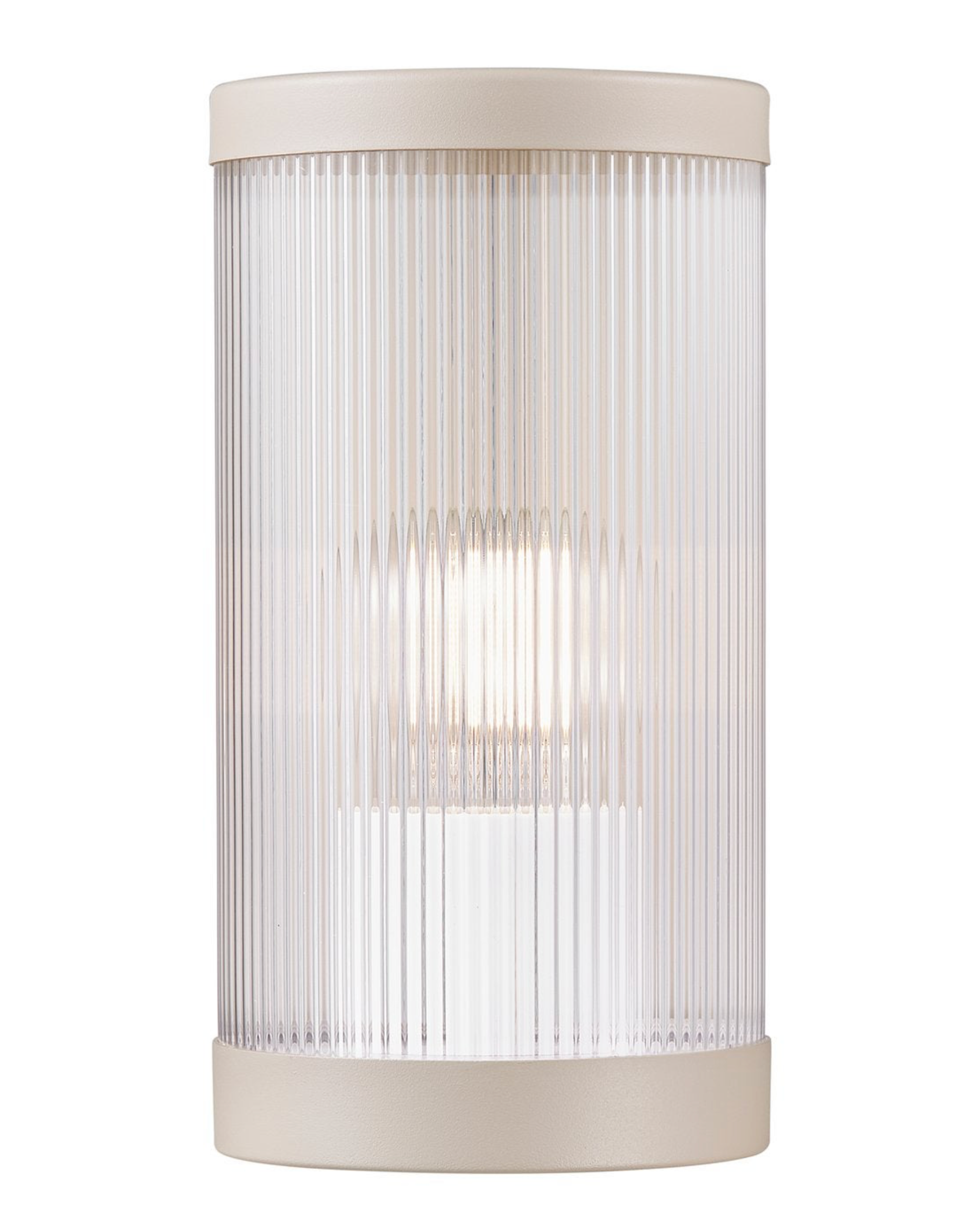 Cylindrical wall light fixture with ribbed glass cover on a white background