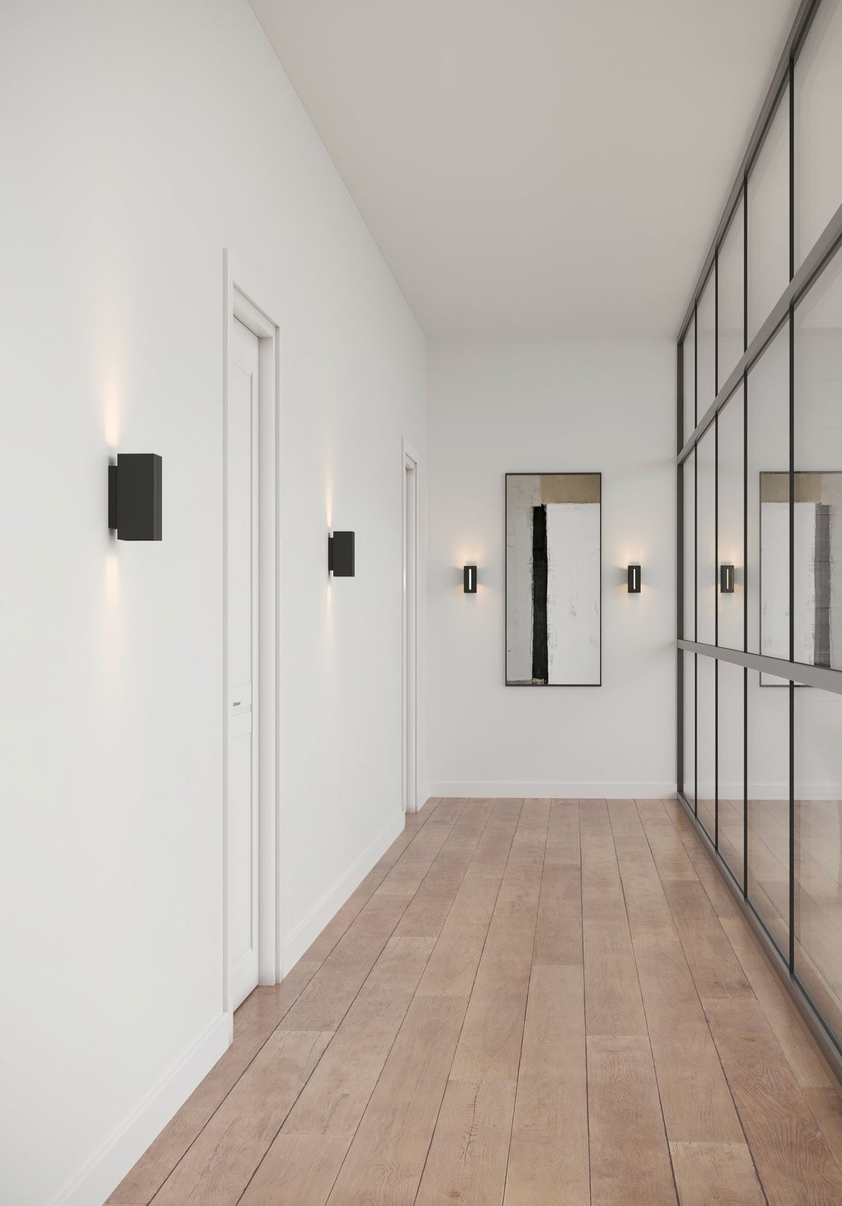 Modern hallway with white walls, wooden floor, and wall-mounted lights.