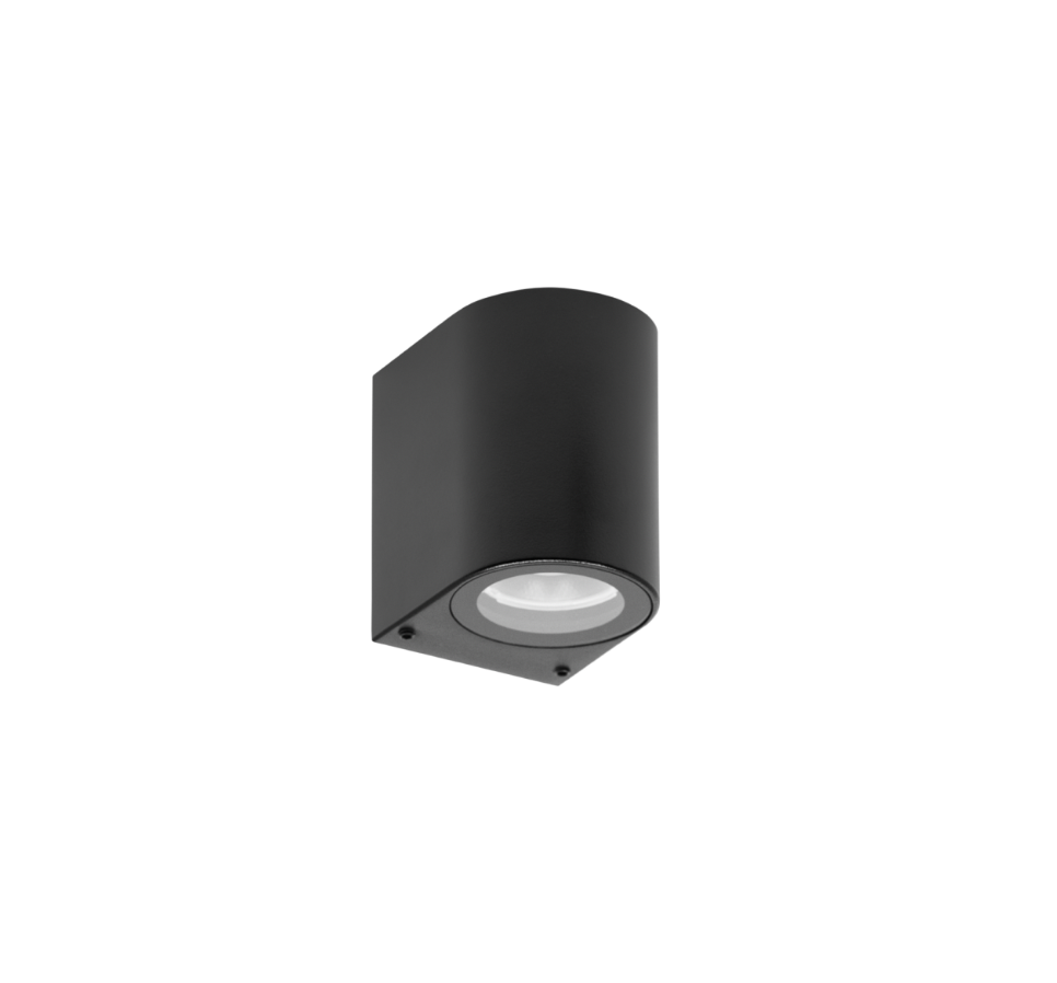 Black cylindrical outdoor light fixture on a white background