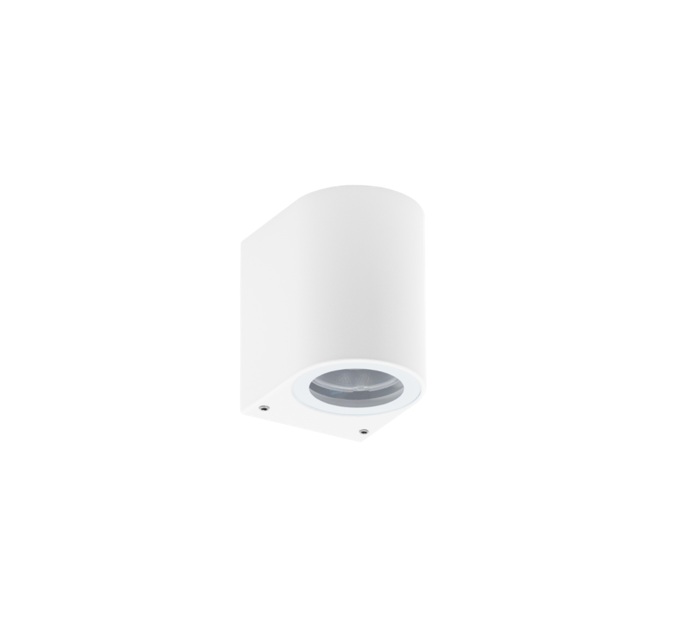White cylindrical outdoor light fixture on a white background