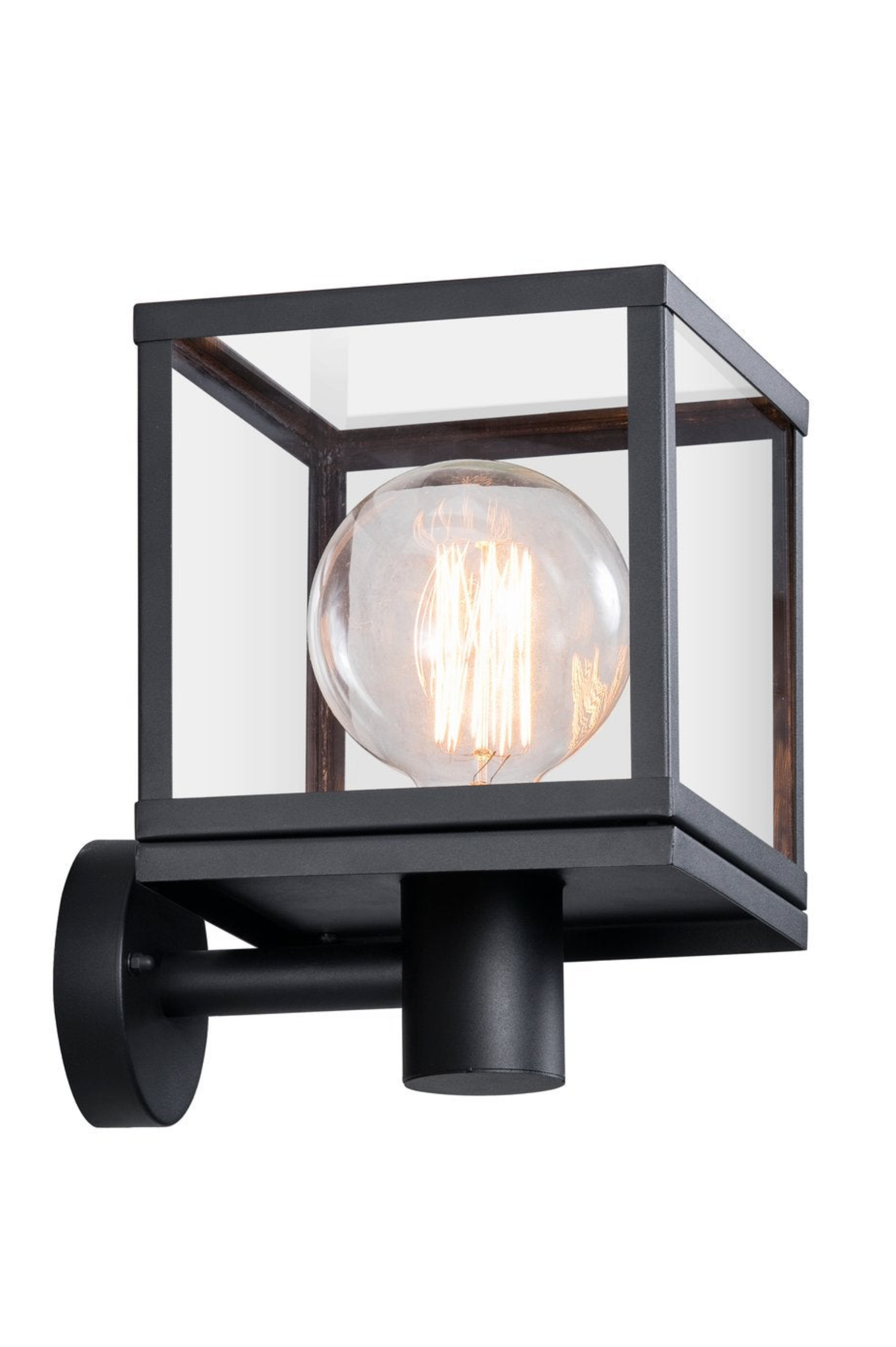 Black outdoor wall light fixture with clear glass cover on a white background
