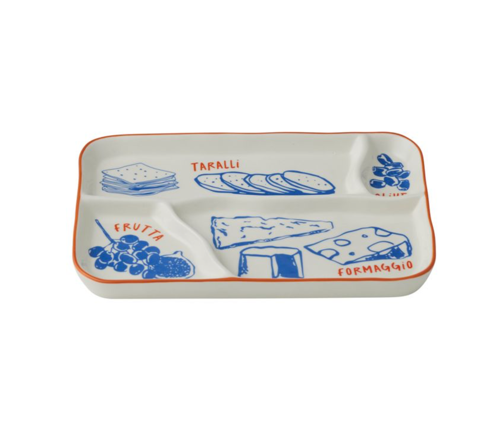 Rectangular ceramic dish with illustrations of food and text on a white background