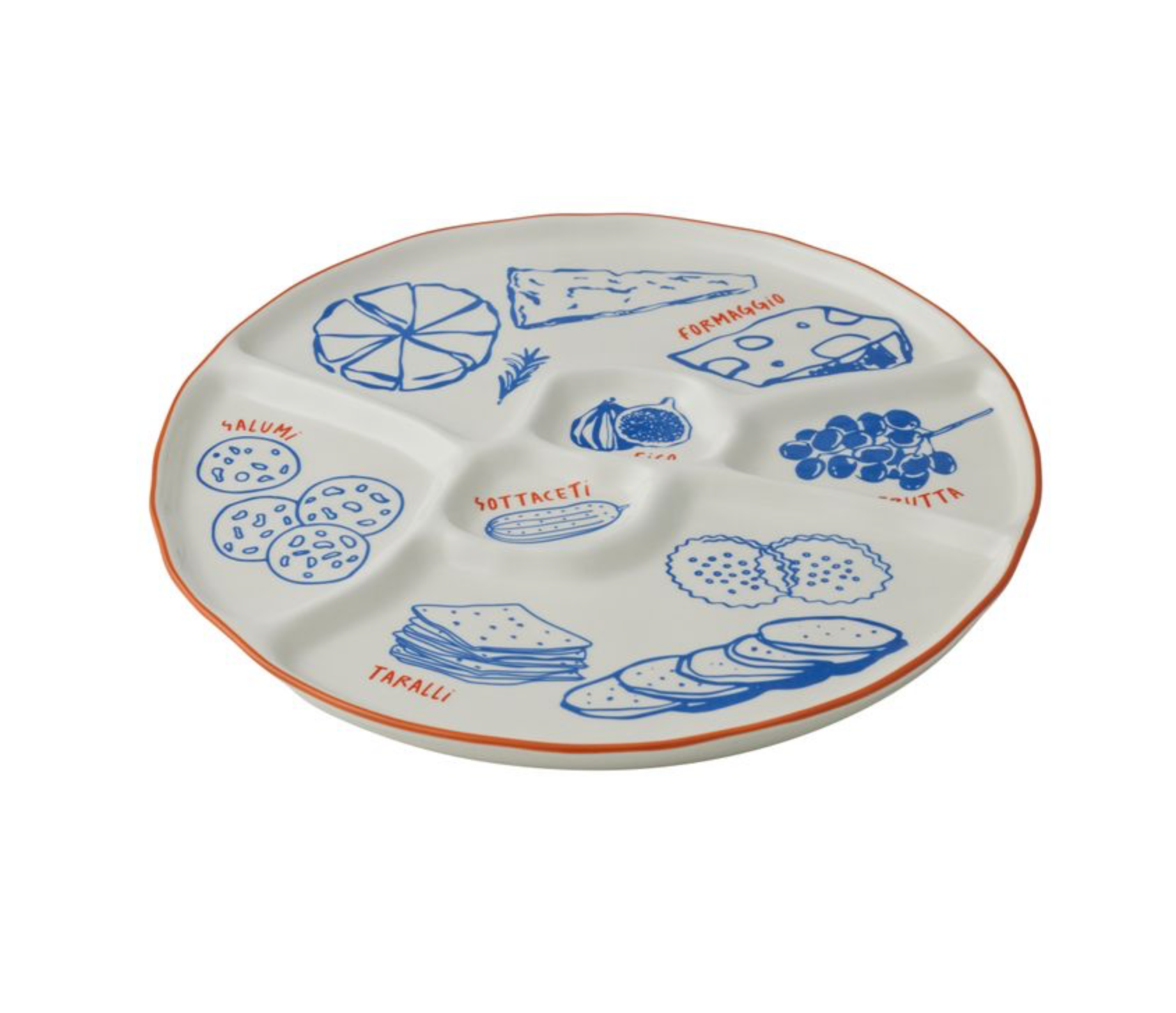 White plate with blue food illustrations and text on a white background