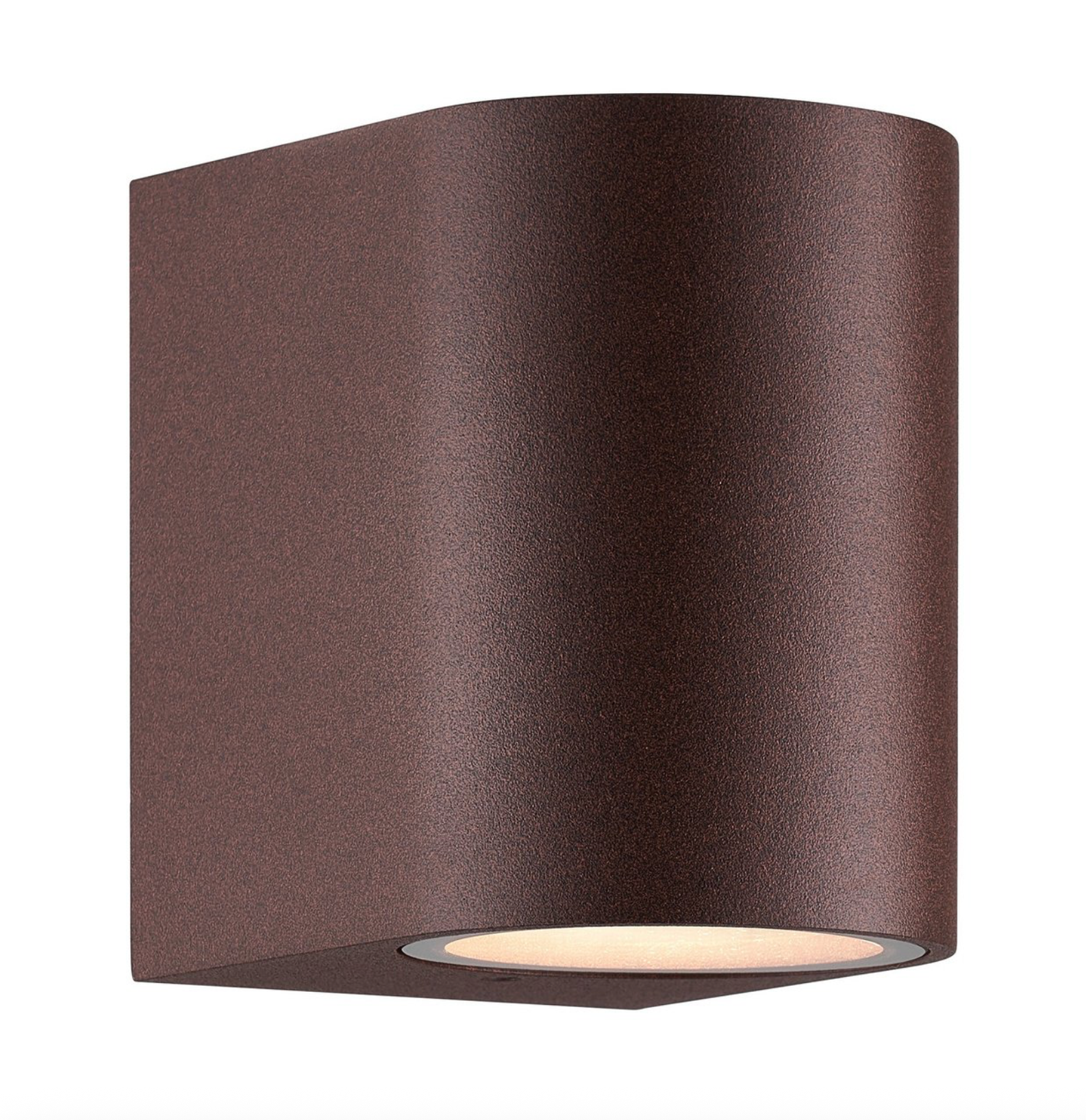 Brown cylindrical wall light fixture on a white background