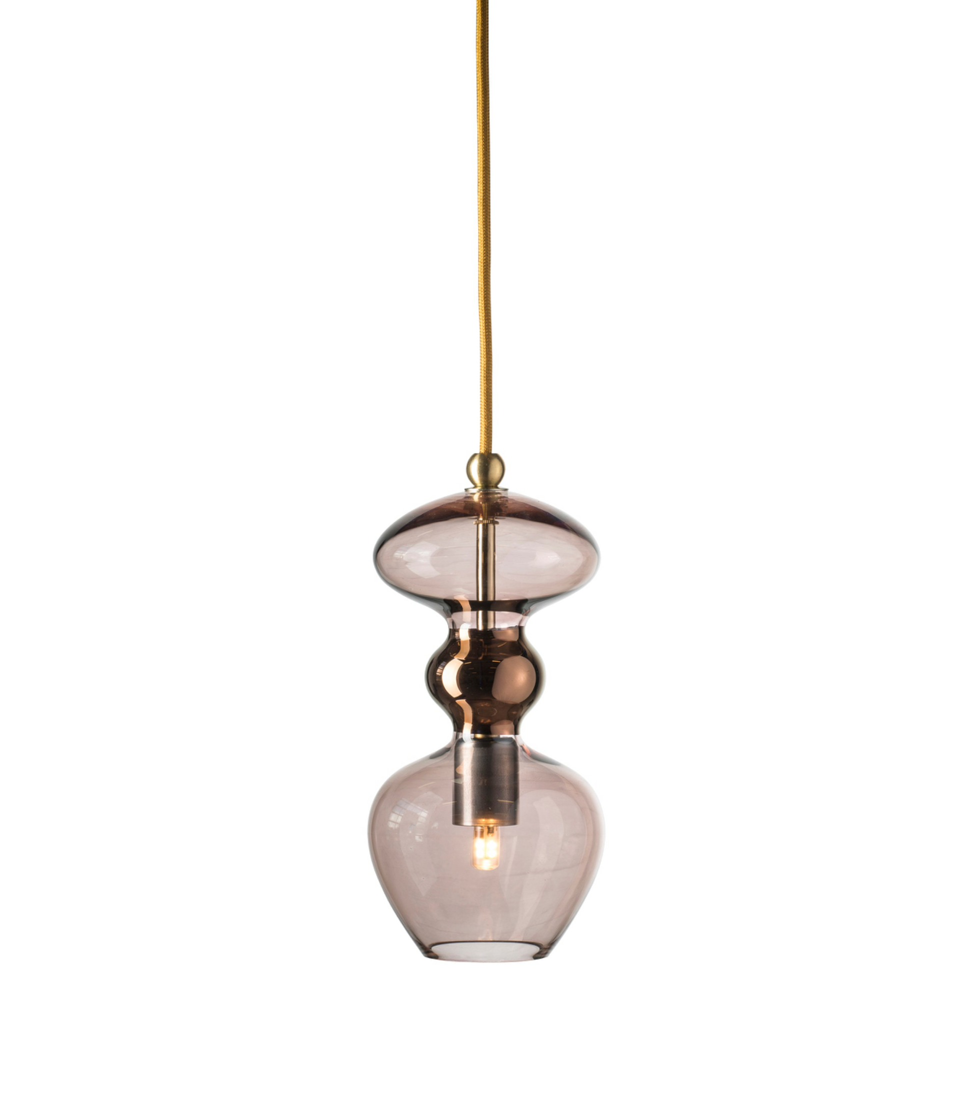 Pendant light with glass shade and brass fixture on a white background