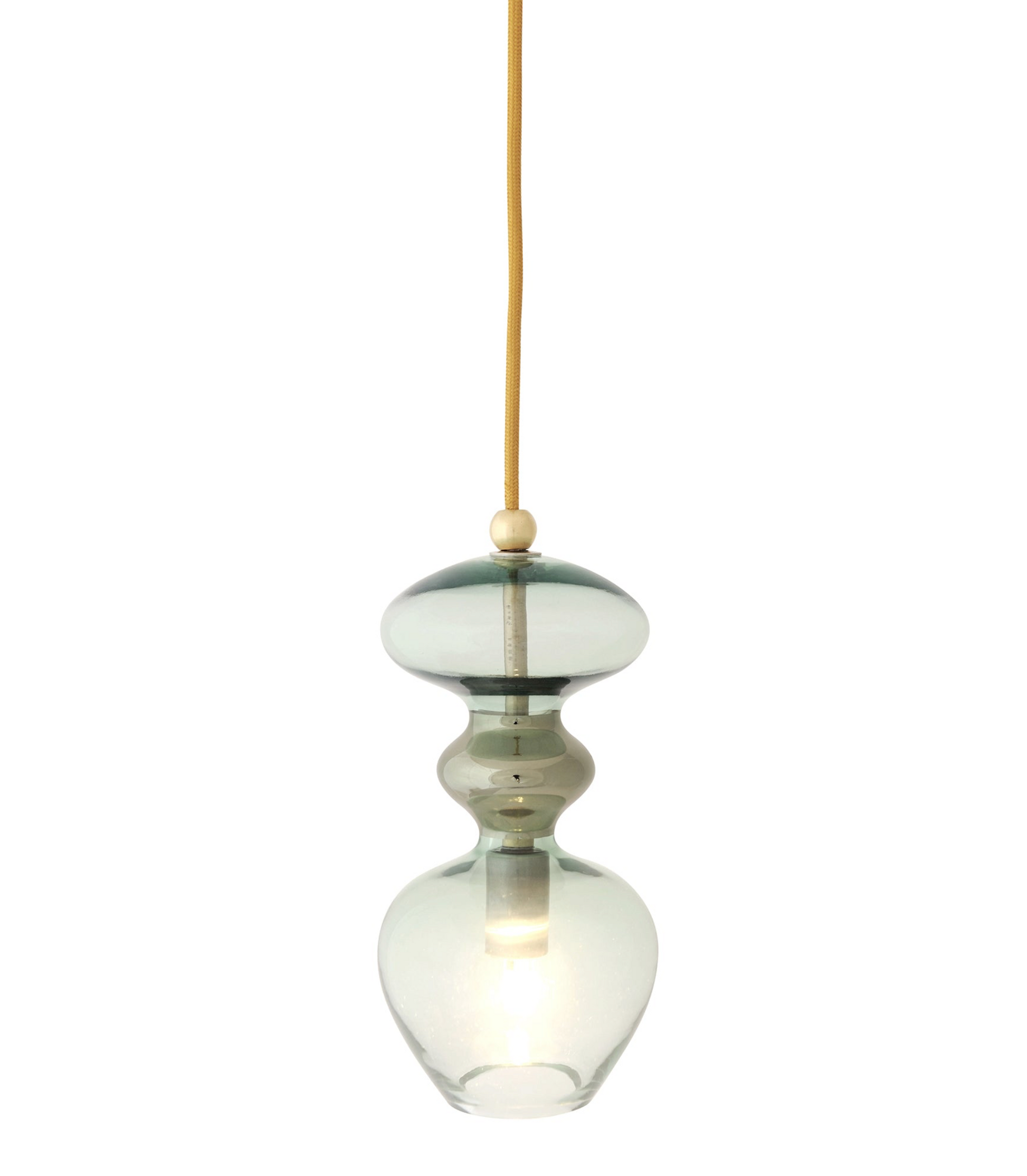 Pendant light with glass shade and gold accent on a white background