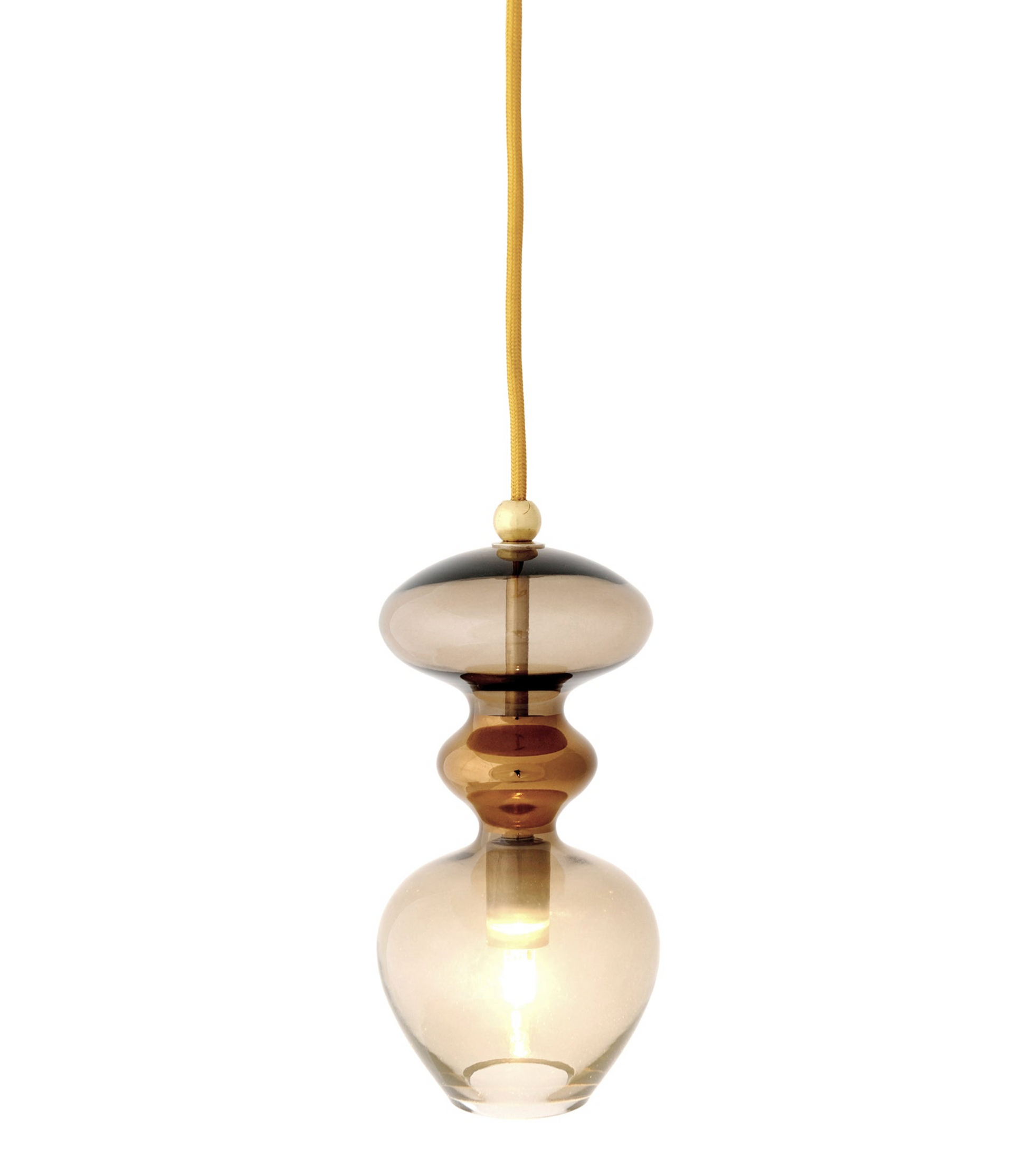 Modern pendant light with gold and glass design on a white background