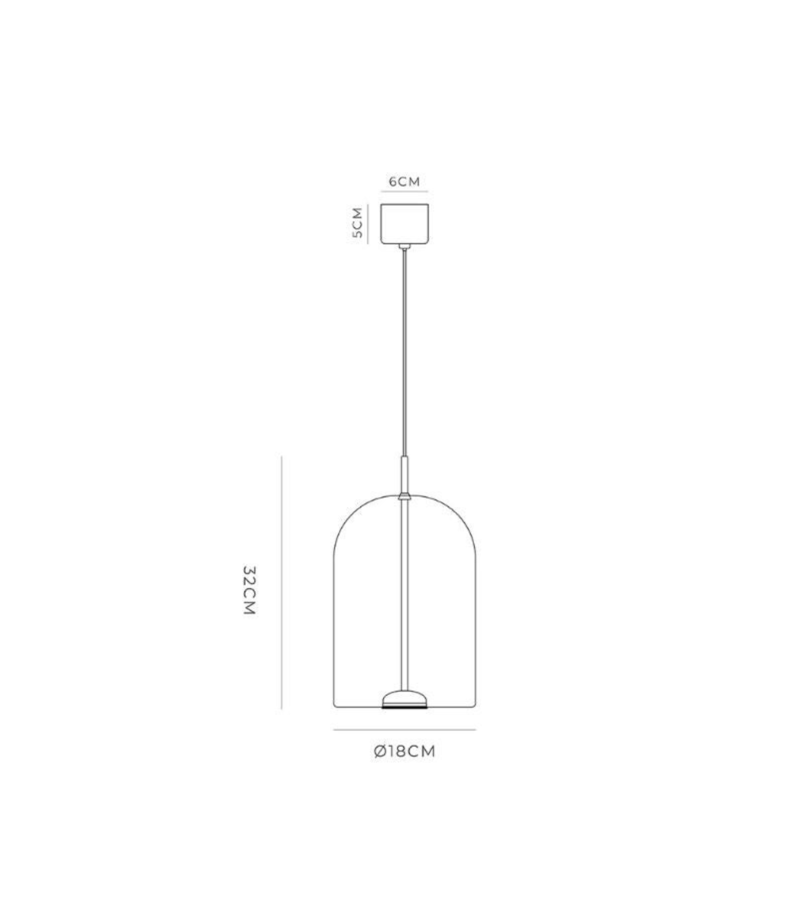 Technical drawing of a pendant light with dimensions on a white background