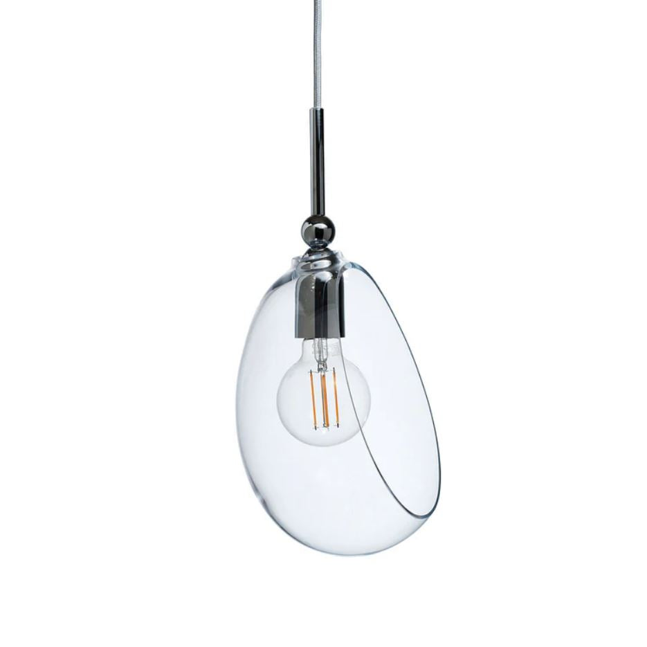 Clear glass pendant light with a bulb on a white background